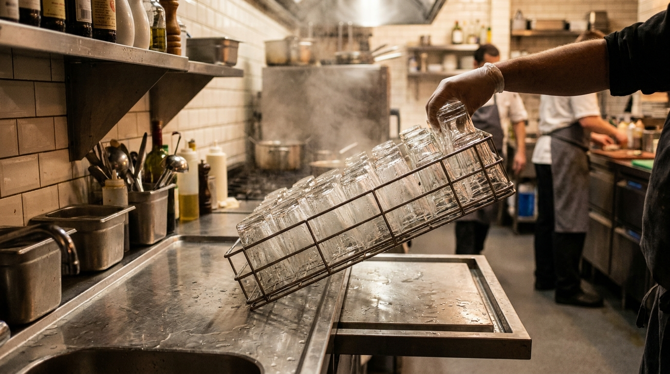 Vaatwaskorf met schone tumblerglazen in een professionele horecakeuken