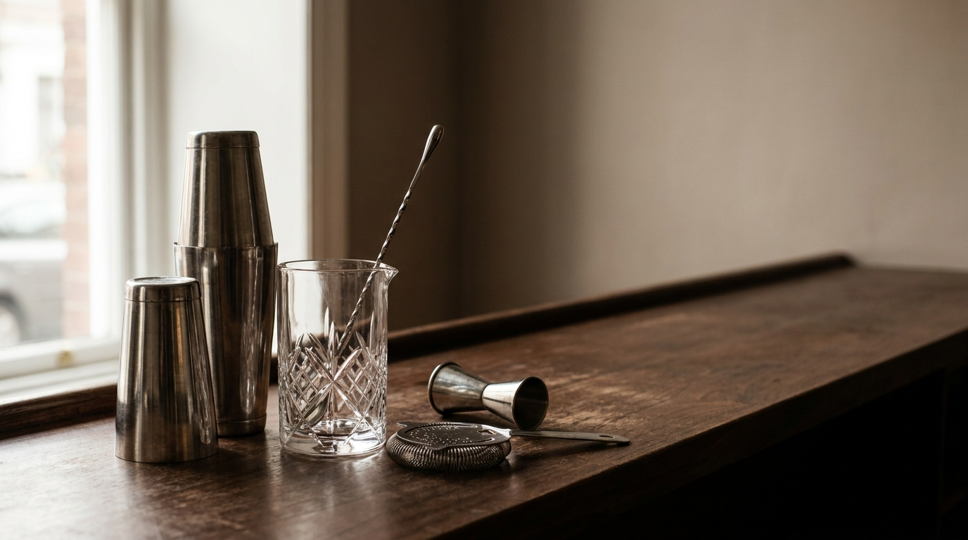 Boston shaker naast een mengglas met barlepel, strainer en jigger op een houten bar