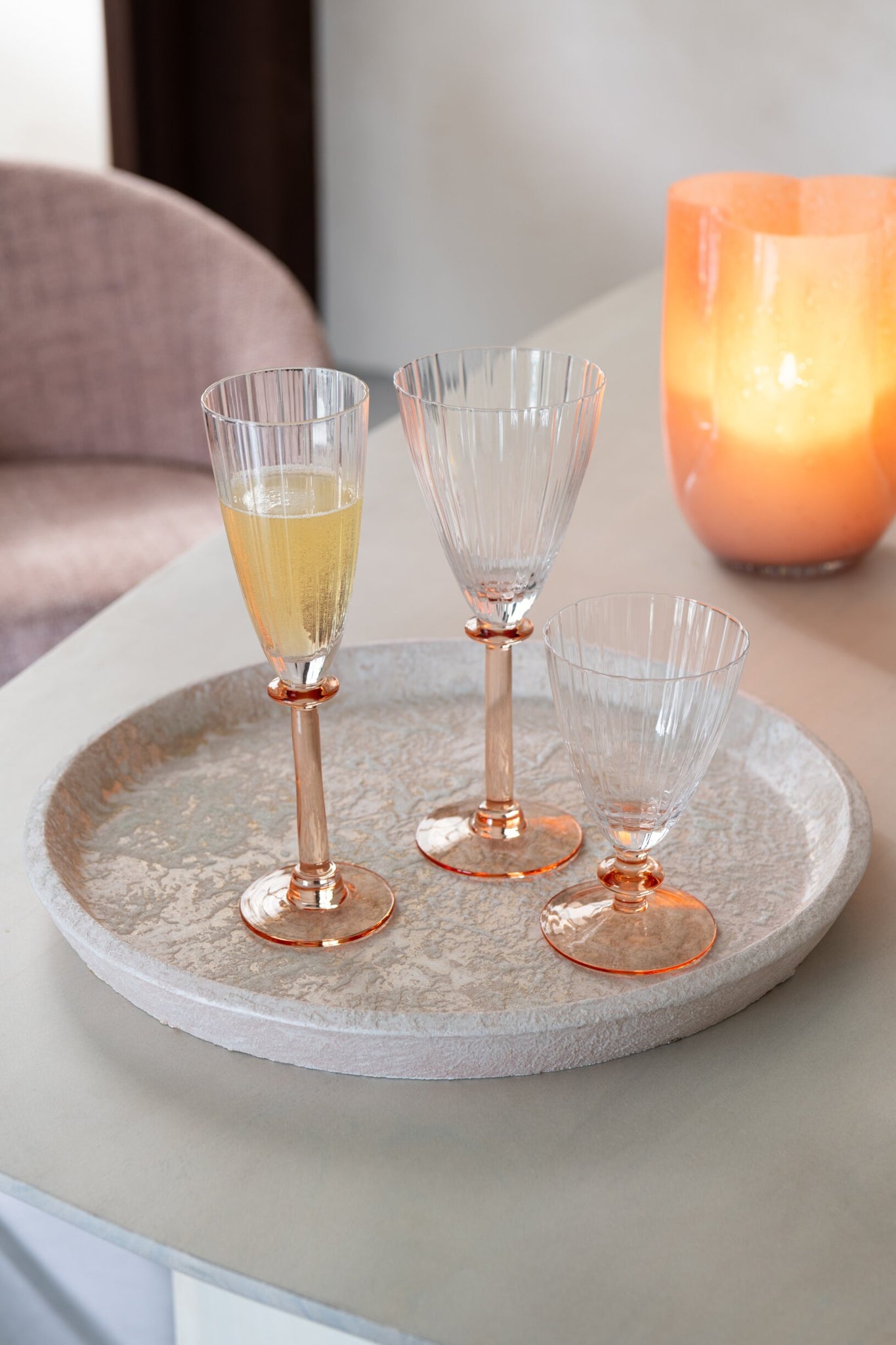 J-Line Gestreiftes Champagnerglas Transparent/Lachsrosa