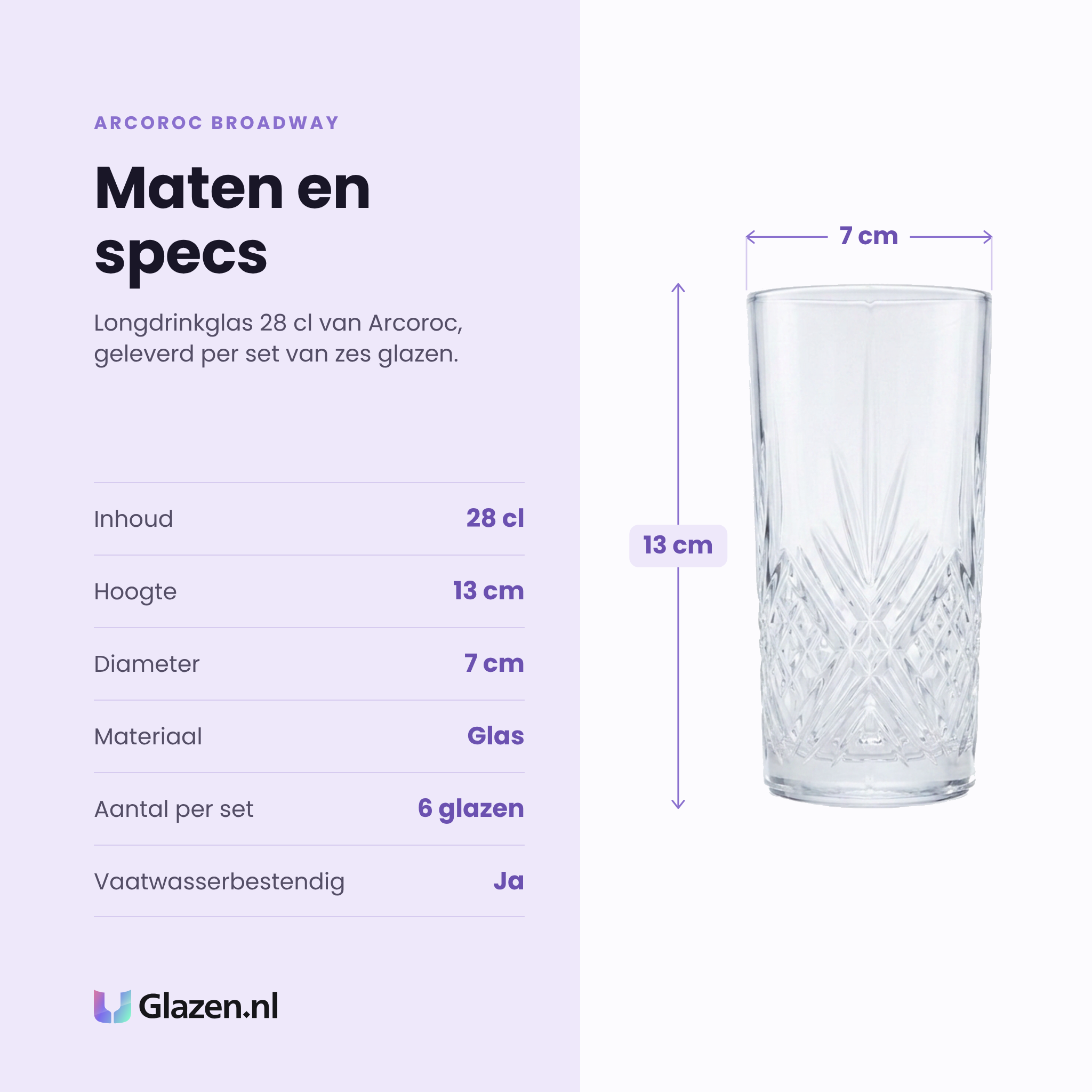 Arcoroc Broadway longdrinkglas 28 cl specificaties: inhoud 28 cl, hoogte 13 cm, diameter 7 cm, glas, set van 6