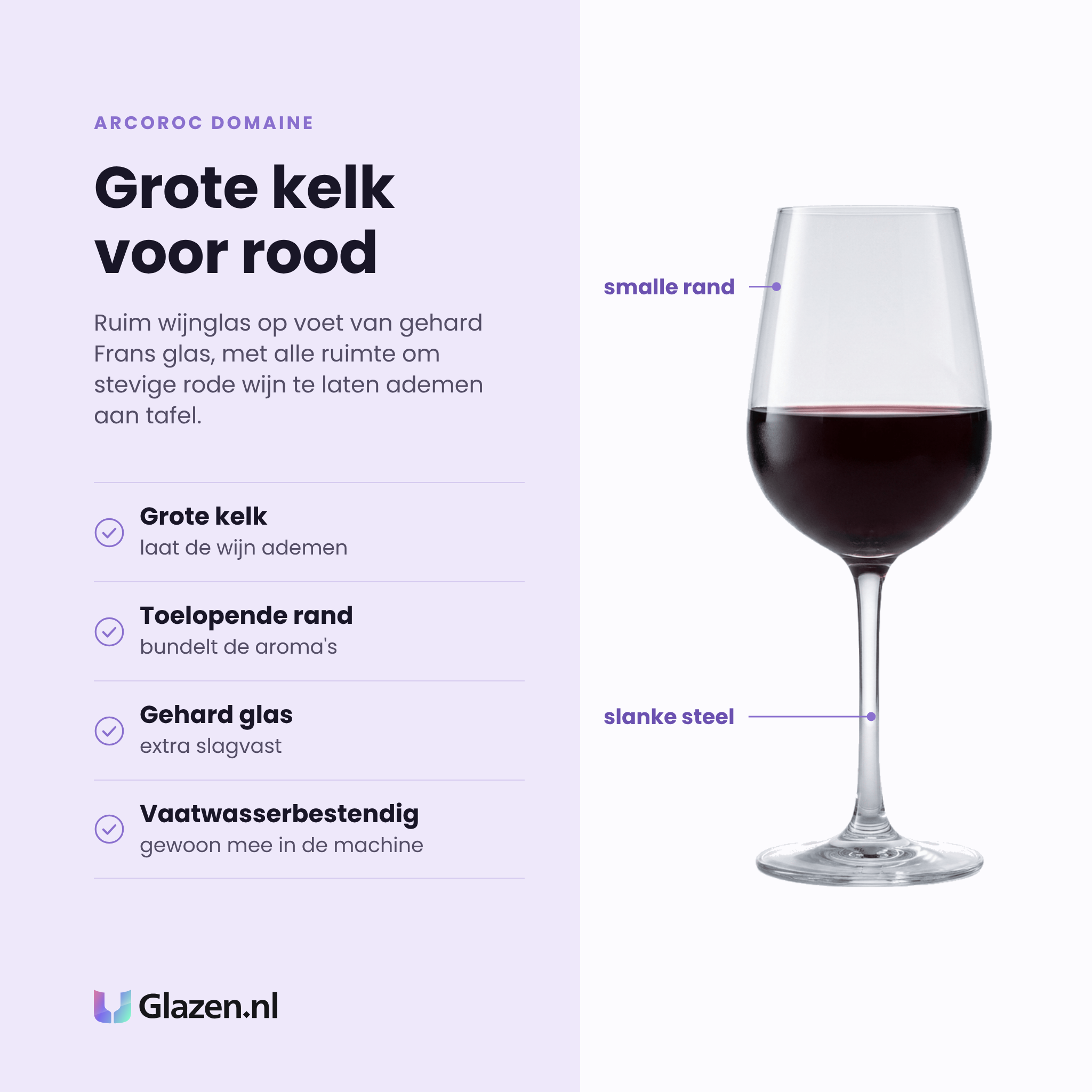 Arcoroc Domaine wijnglas 47 cl eigenschappen: grote kelk, toelopende rand, gehard glas, vaatwasserbestendig