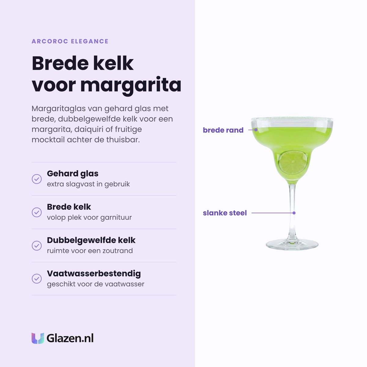 Arcoroc Elegance margaritaglas 27 cl eigenschappen: gehard glas, brede kelk, dubbelgewelfde kelk, vaatwasserbestendig