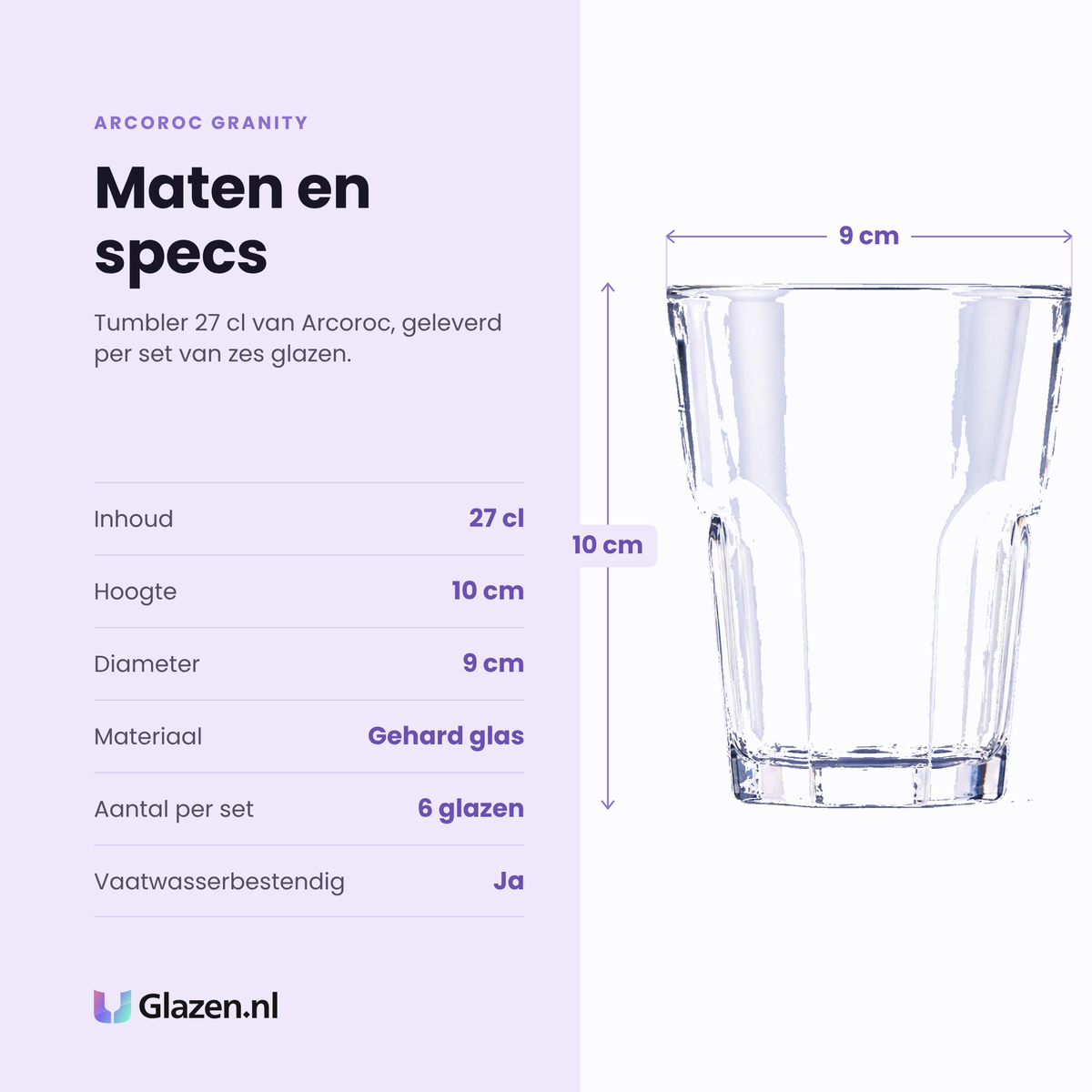 Arcoroc Granity tumbler 27 cl specificaties: inhoud 27 cl, hoogte 10 cm, diameter 9 cm, gehard glas, set van 6