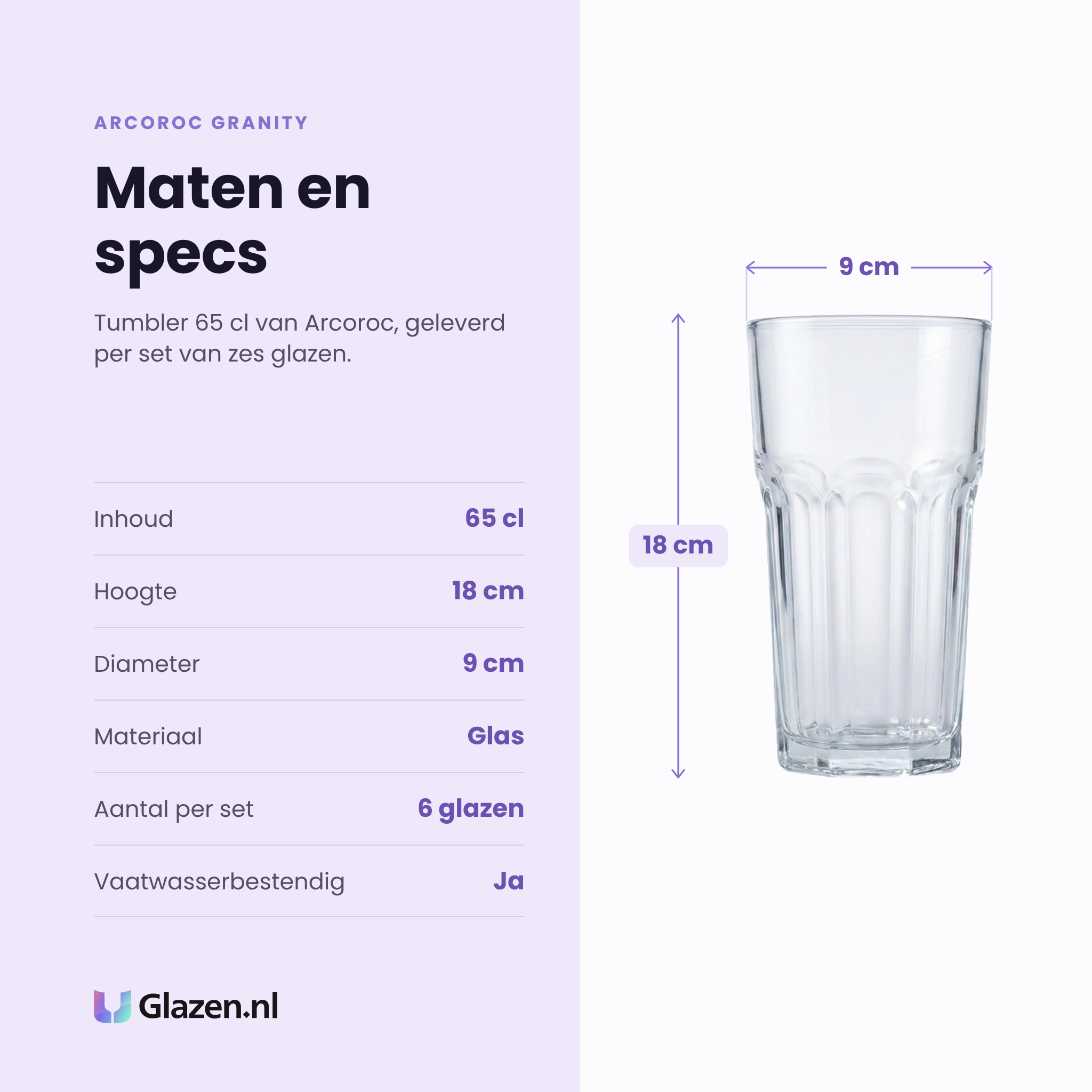 Arcoroc Granity tumbler 65 cl specificaties: inhoud 65 cl, hoogte 18 cm, diameter 9 cm, glas, set van 6