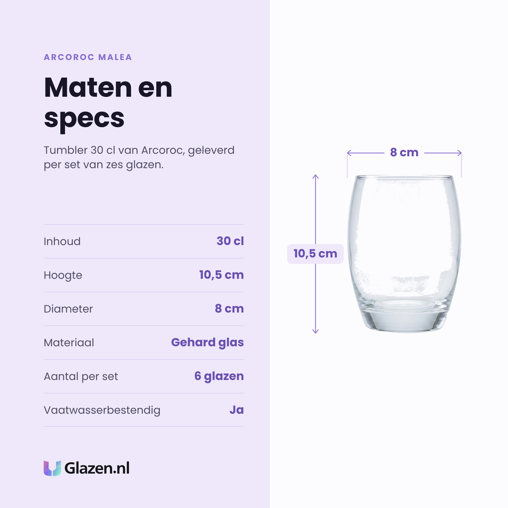 Arcoroc Malea tumbler 30 cl specificaties: inhoud 30 cl, hoogte 10,5 cm, diameter 8 cm, gehard glas, set van 6