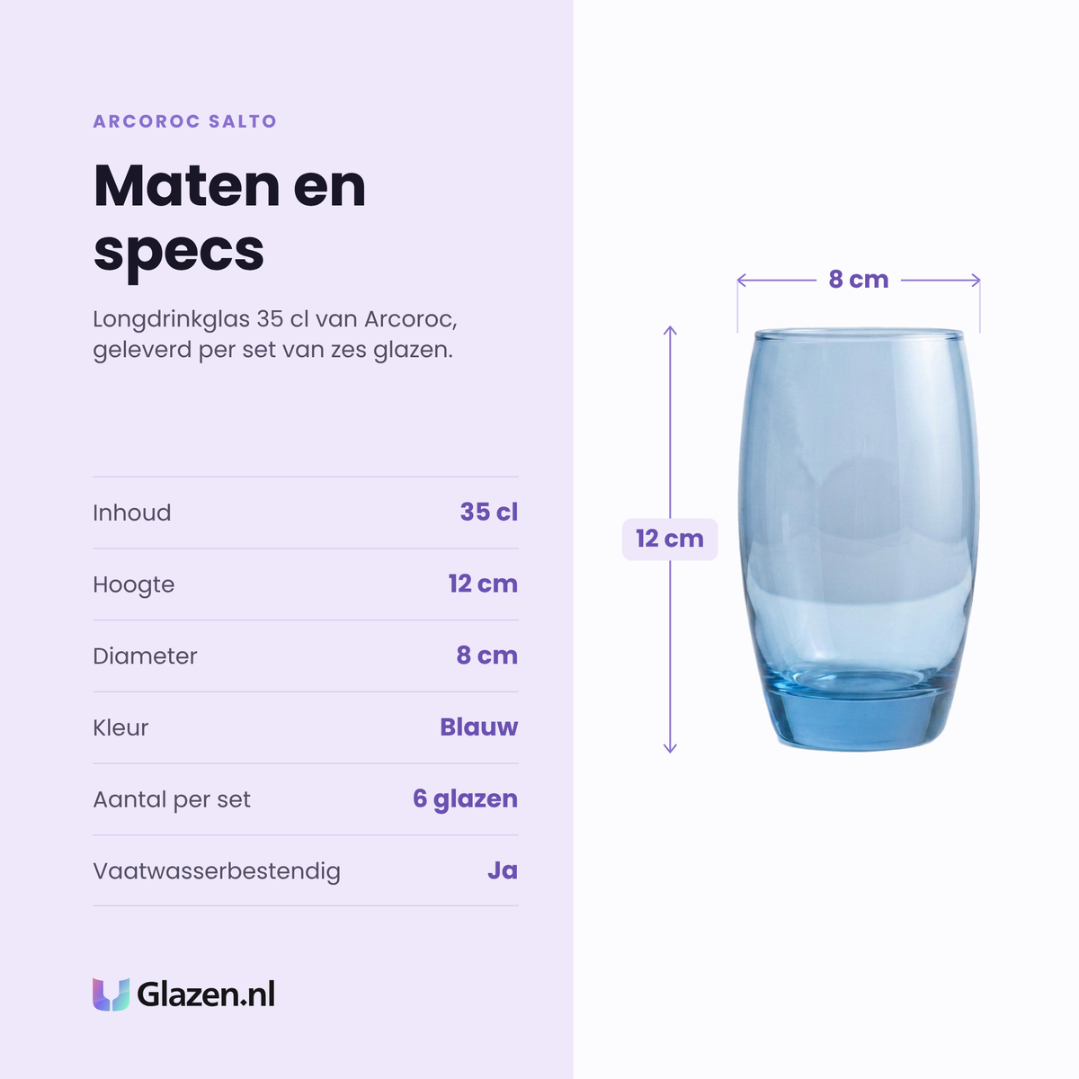 Arcoroc Salto longdrinkglas 35 cl blauw specificaties: inhoud 35 cl, hoogte 12 cm, diameter 8 cm, blauw, set van 6