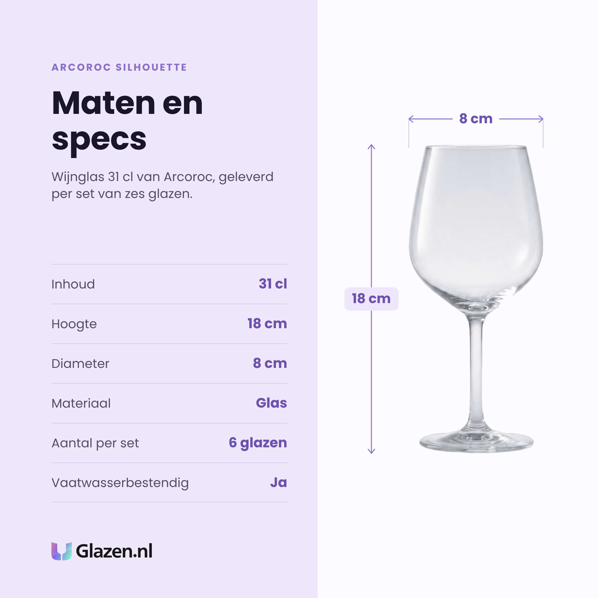 Arcoroc Silhouette wijnglas 31 cl specificaties: inhoud 31 cl, hoogte 18 cm, diameter 8 cm, glas, set van 6