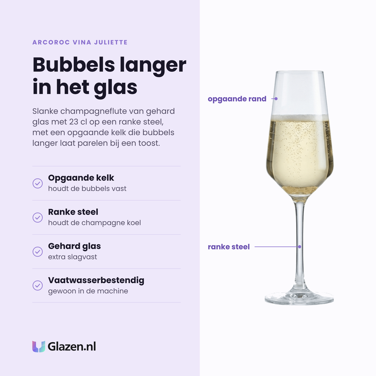 Arcoroc Vina Juliette champagneflute 23 cl eigenschappen: gehard glas, opgaande kelk houdt de bubbels, ranke steel houdt koel, vaatwasserbestendig