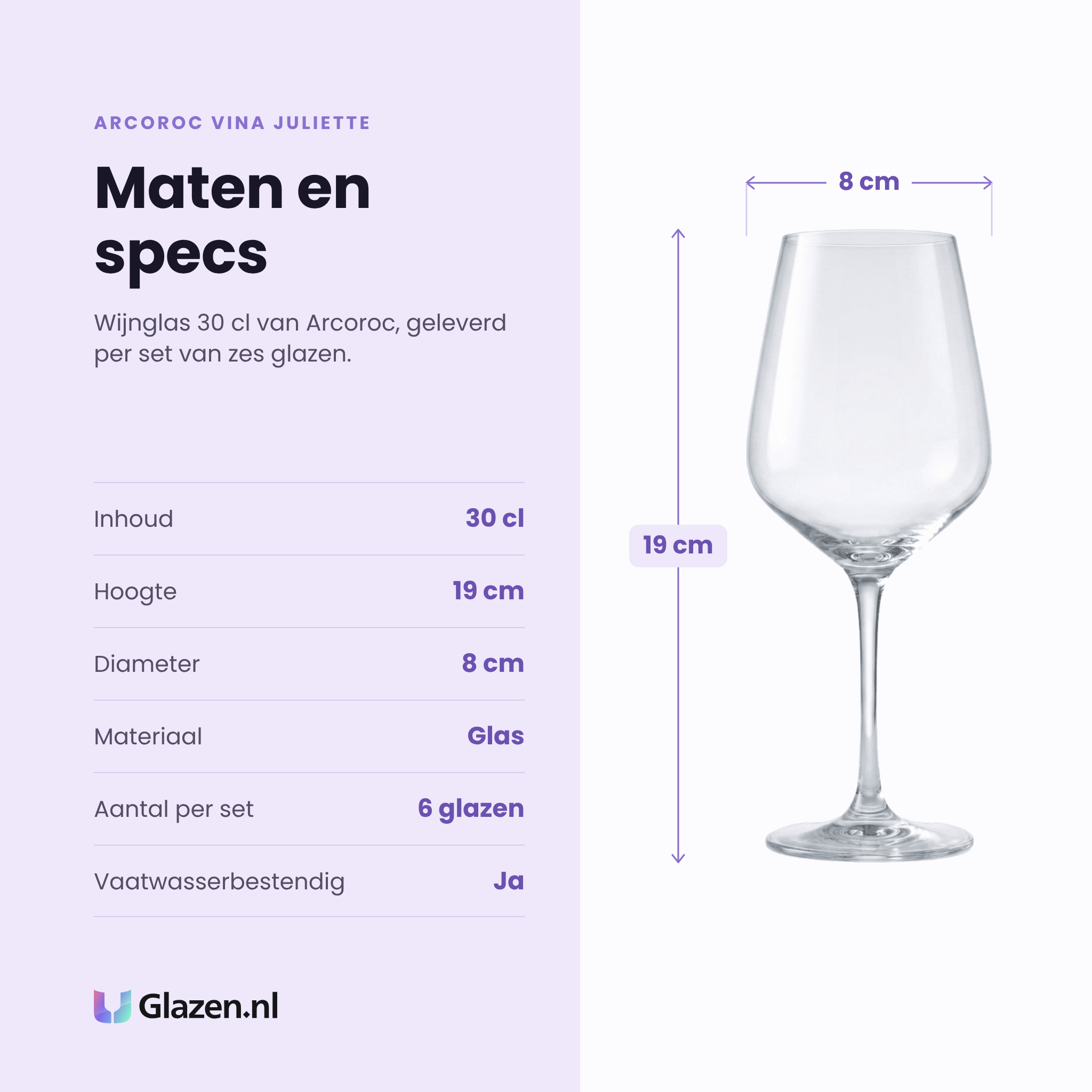 Arcoroc Vina Juliette wijnglas 30 cl specificaties: inhoud 30 cl, hoogte 19 cm, diameter 8 cm, glas, set van 6