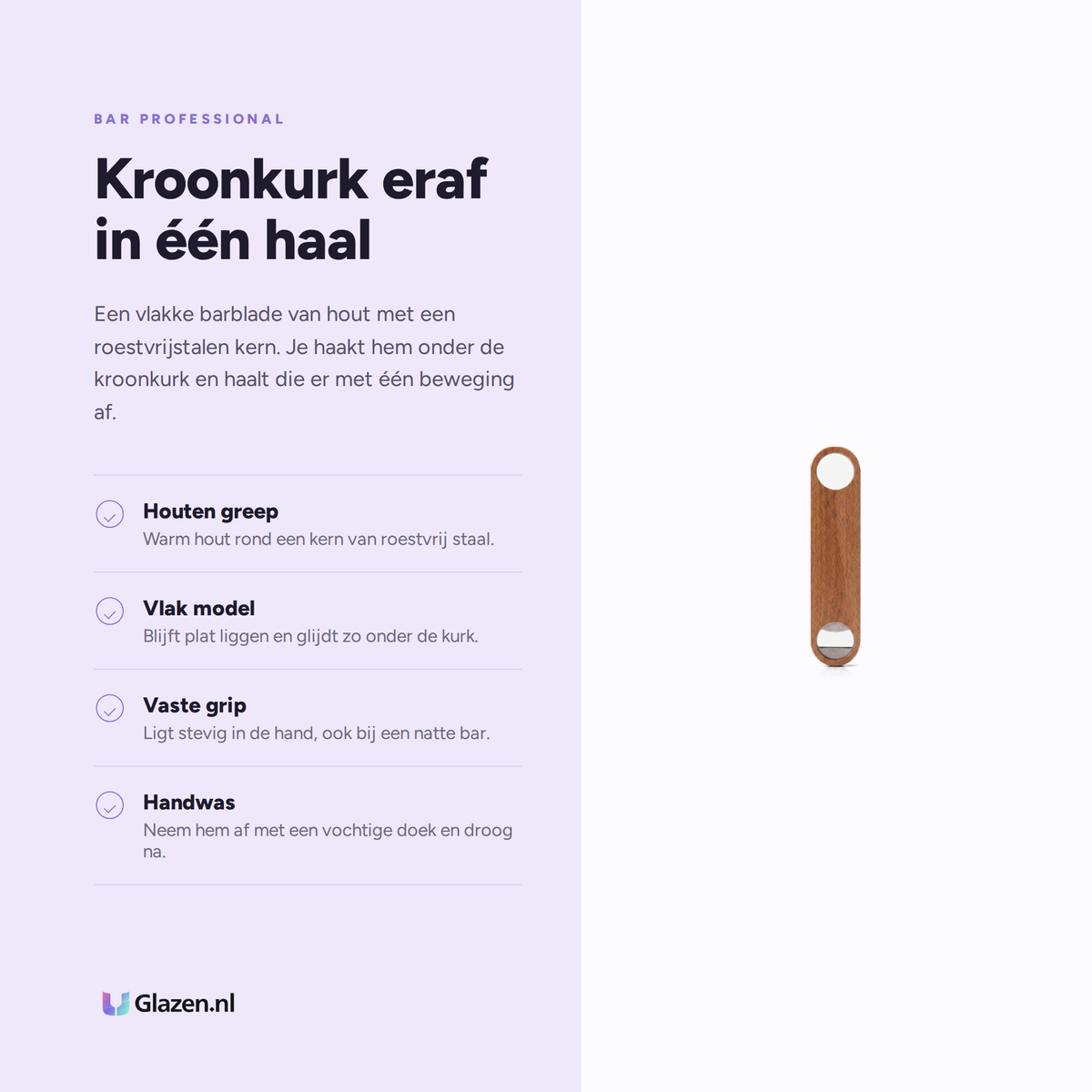 Infographic met de eigenschappen van Bar Professional Barblade Flesopener Hout