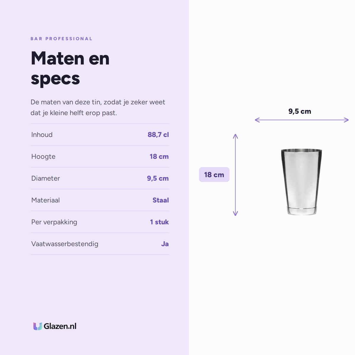 Maten en specs van de Bar Professional Boston Shaker Tin RVS 30 Oz