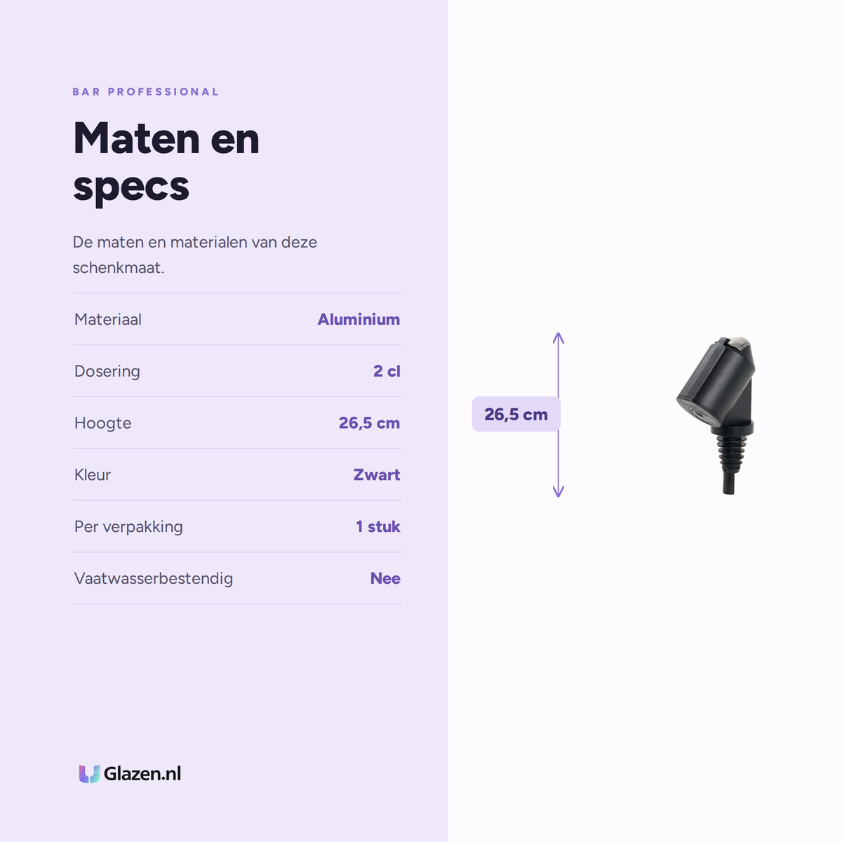 Infographic met de maten en specificaties van Bar Professional Bottle Master Schenkmaat Zwart 2 Cl