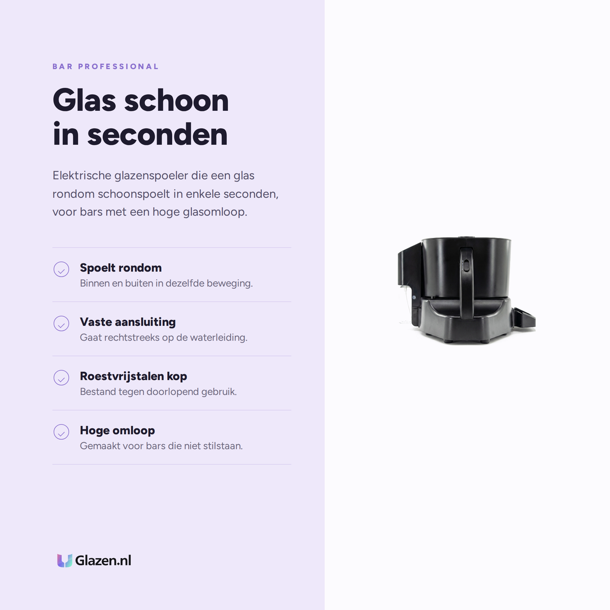 Infographic met de eigenschappen van Bar Professional Clear 360 Pro Glazenspoeler