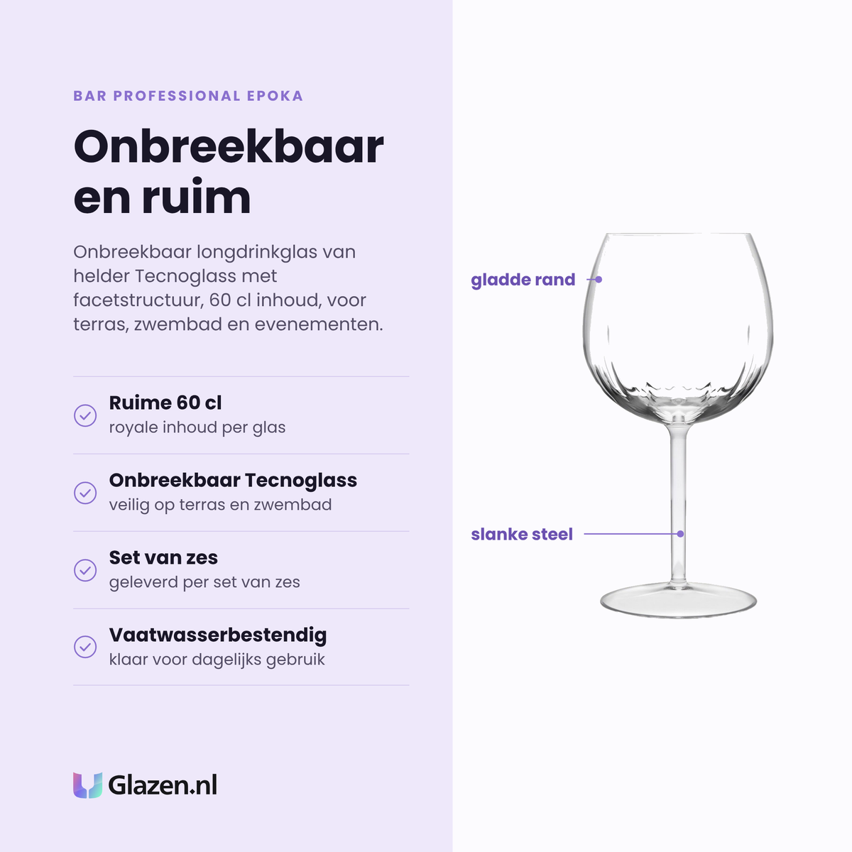 Bar Professional Epoka glas 60 cl eigenschappen: ruime inhoud 60 cl, onbreekbaar tecnoglass, set van zes, vaatwasserbestendig