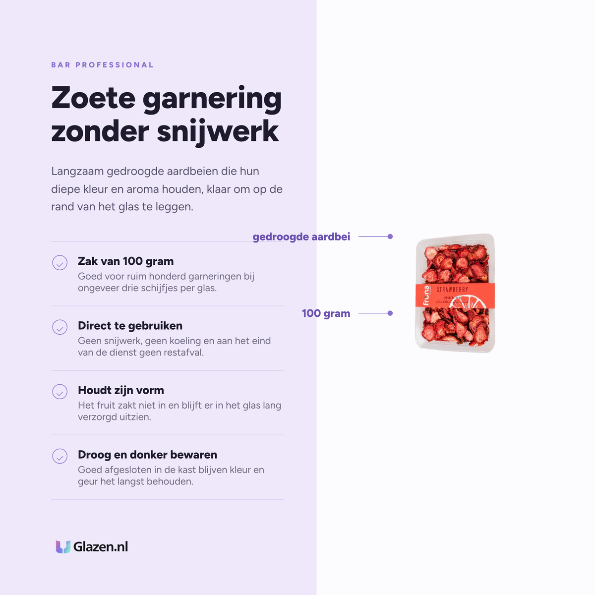 Infographic met de eigenschappen van de gedroogde aardbeien van 100 gram