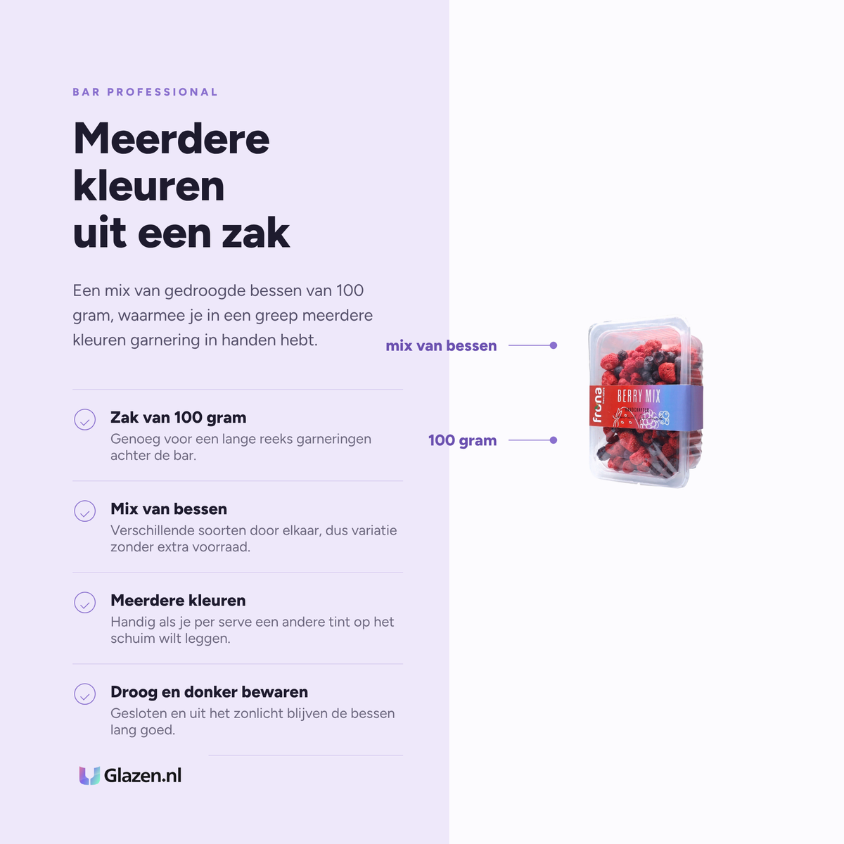 Infographic met de eigenschappen van de gedroogde gemengde bessen van 100 gram