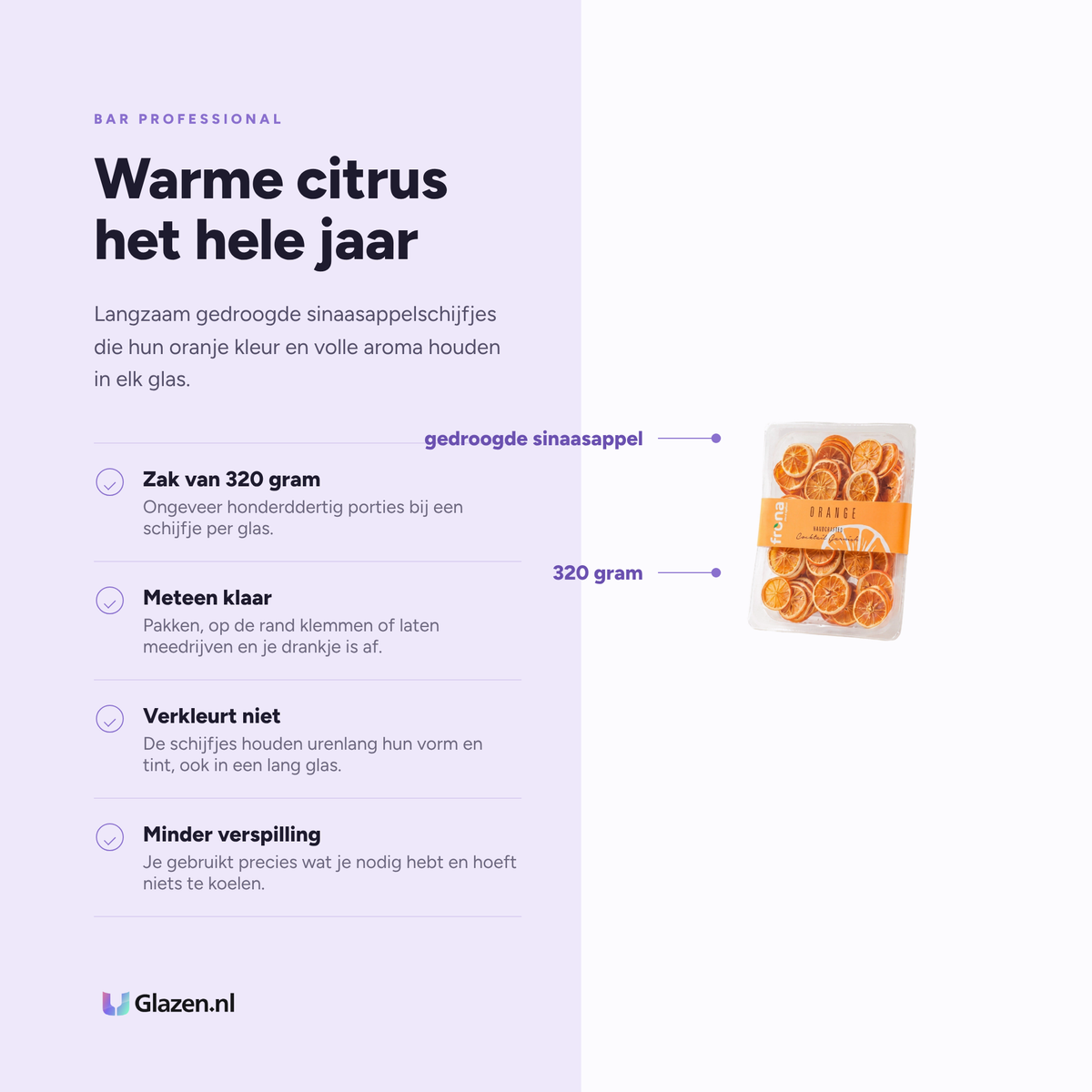Infographic met de eigenschappen van de gedroogde sinaasappelschijfjes van 320 gram
