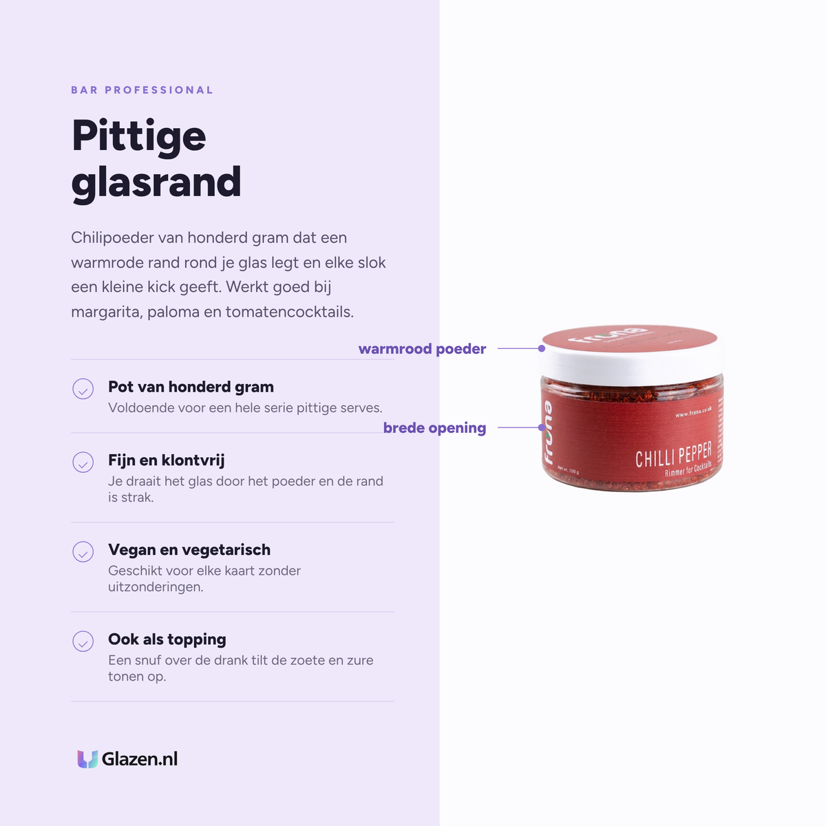 Infographic met de eigenschappen van Bar Professional Frona Glasrimmer Chilipeper 100 g