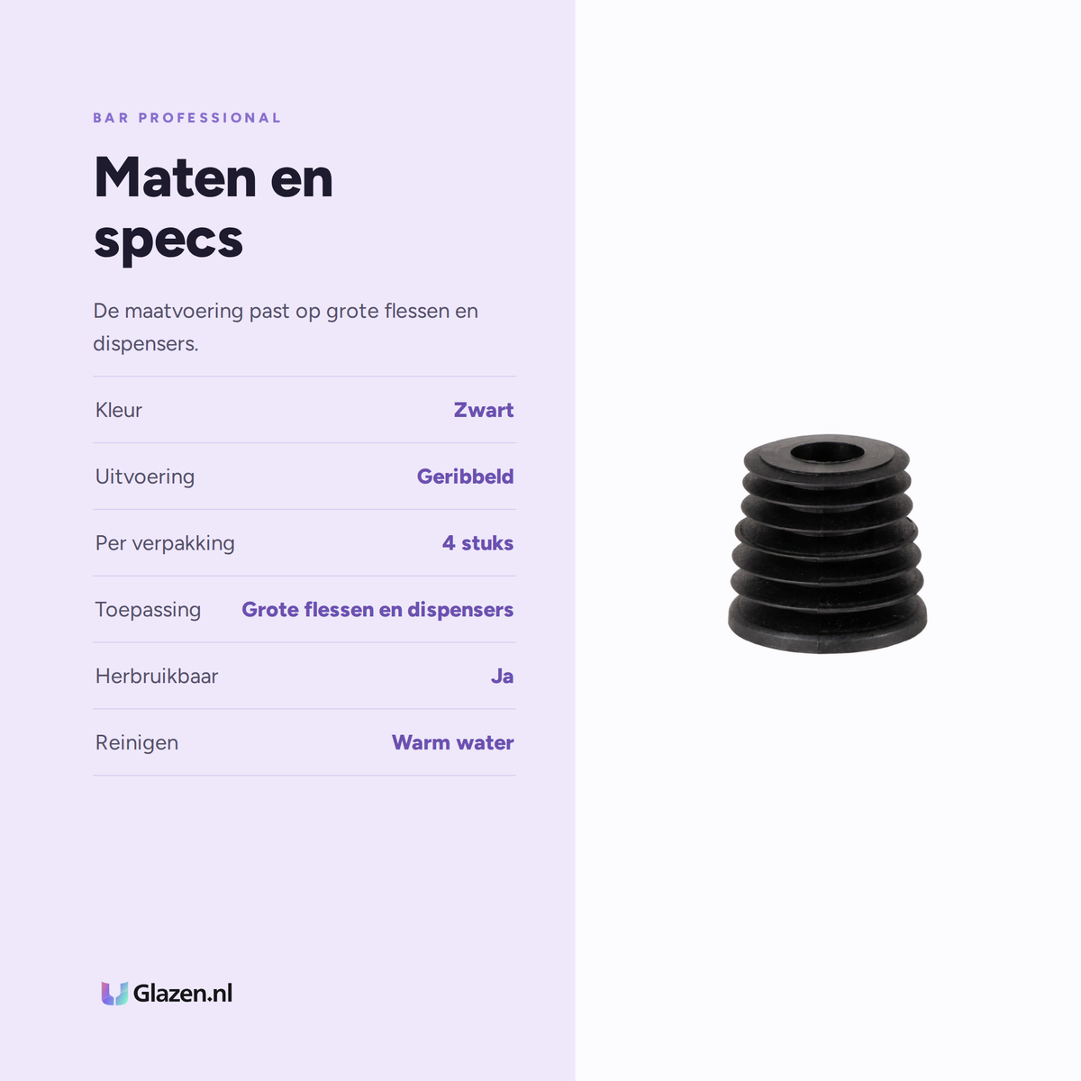 Maten en specificaties van de Bar Professional gallon kurk geribbeld zwart