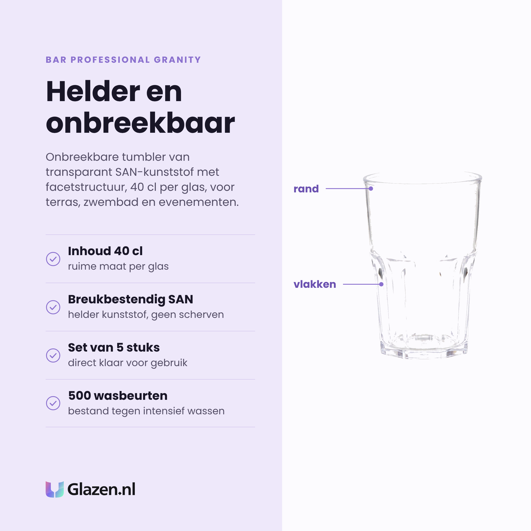 Bar Professional Granity tumbler 40 cl eigenschappen: breukbestendig SAN-kunststof, transparant, facetstructuur, set van 5
