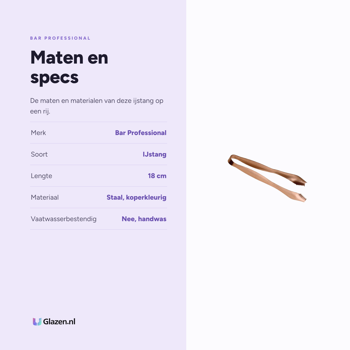 Maten en specs van de Bar Professional ijstang koper 18 cm