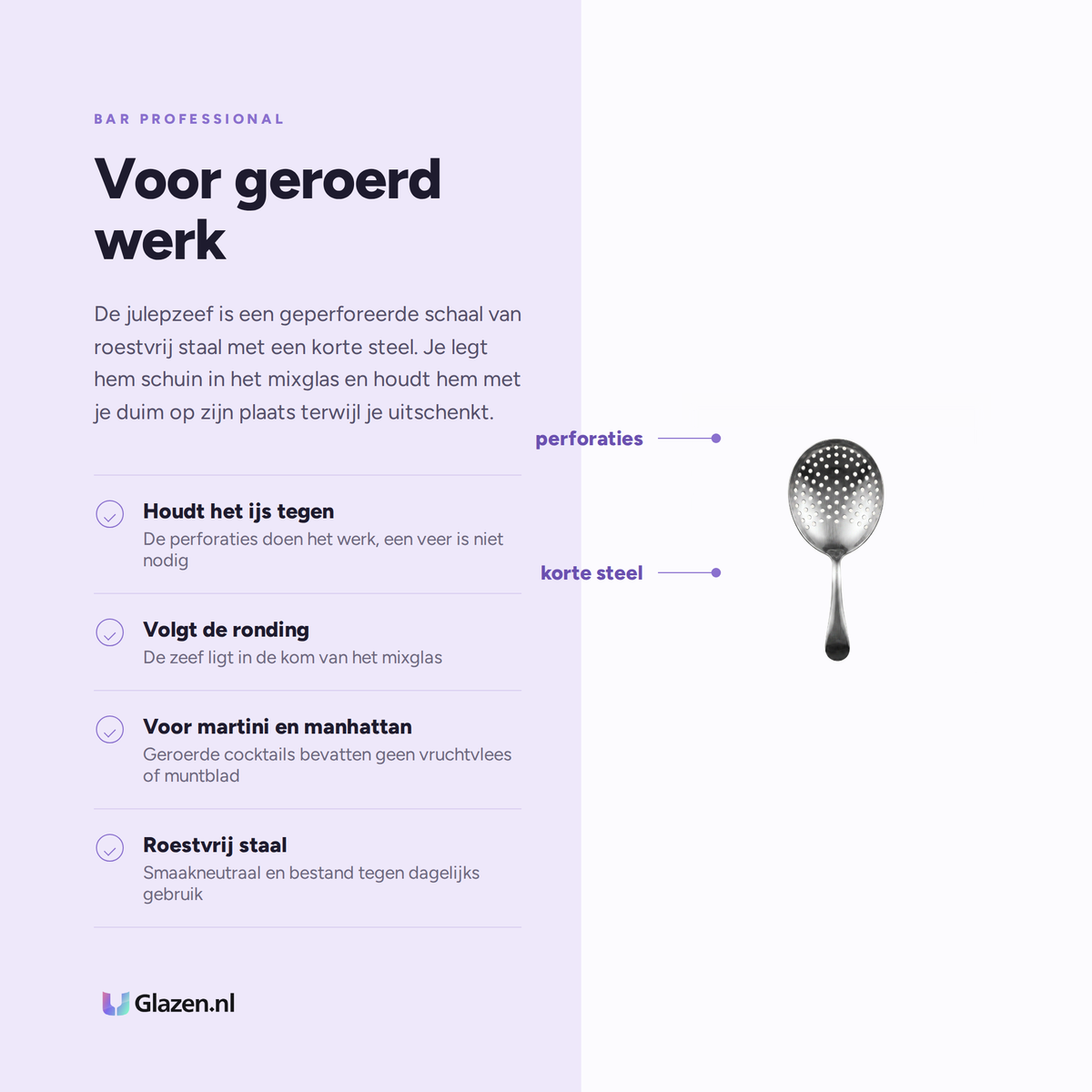 Eigenschappen van de Bar Professional julep cocktailzeef van rvs