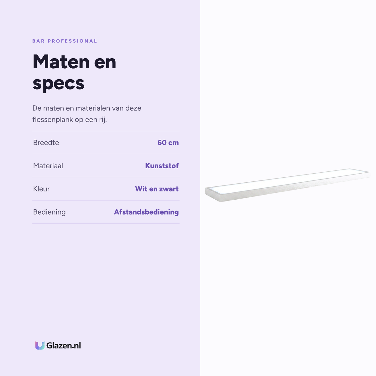Bar Professional LED Flessenplank met Afstandsbediening 60 cm specificaties: breedte 60 cm, materiaal Kunststof, kleur Wit en zwart, bediening Afstandsbediening