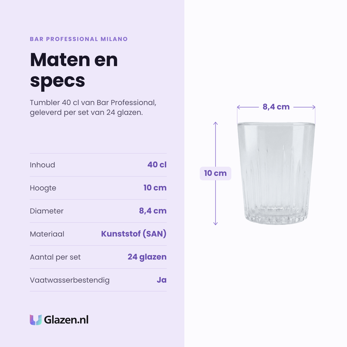 Bar Professional Milano tumbler 40 cl specificaties: inhoud 40 cl, hoogte 10 cm, diameter 8,4 cm, kunststof, set van 24