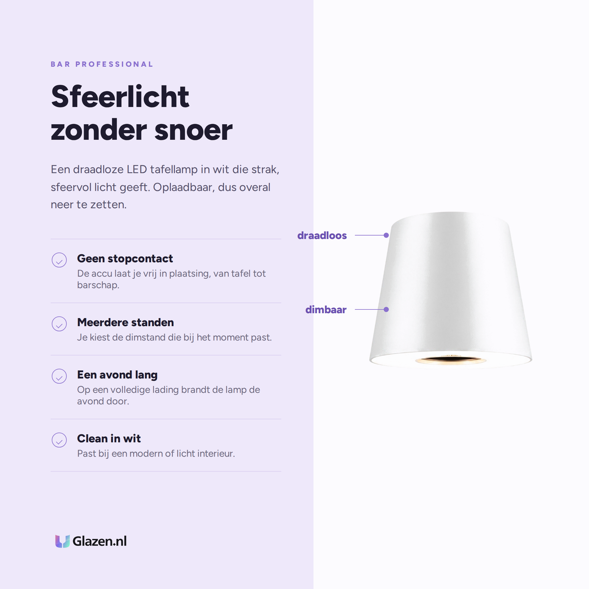 Infographic met de eigenschappen van Bar Professional Portable LED Tafellamp Wit