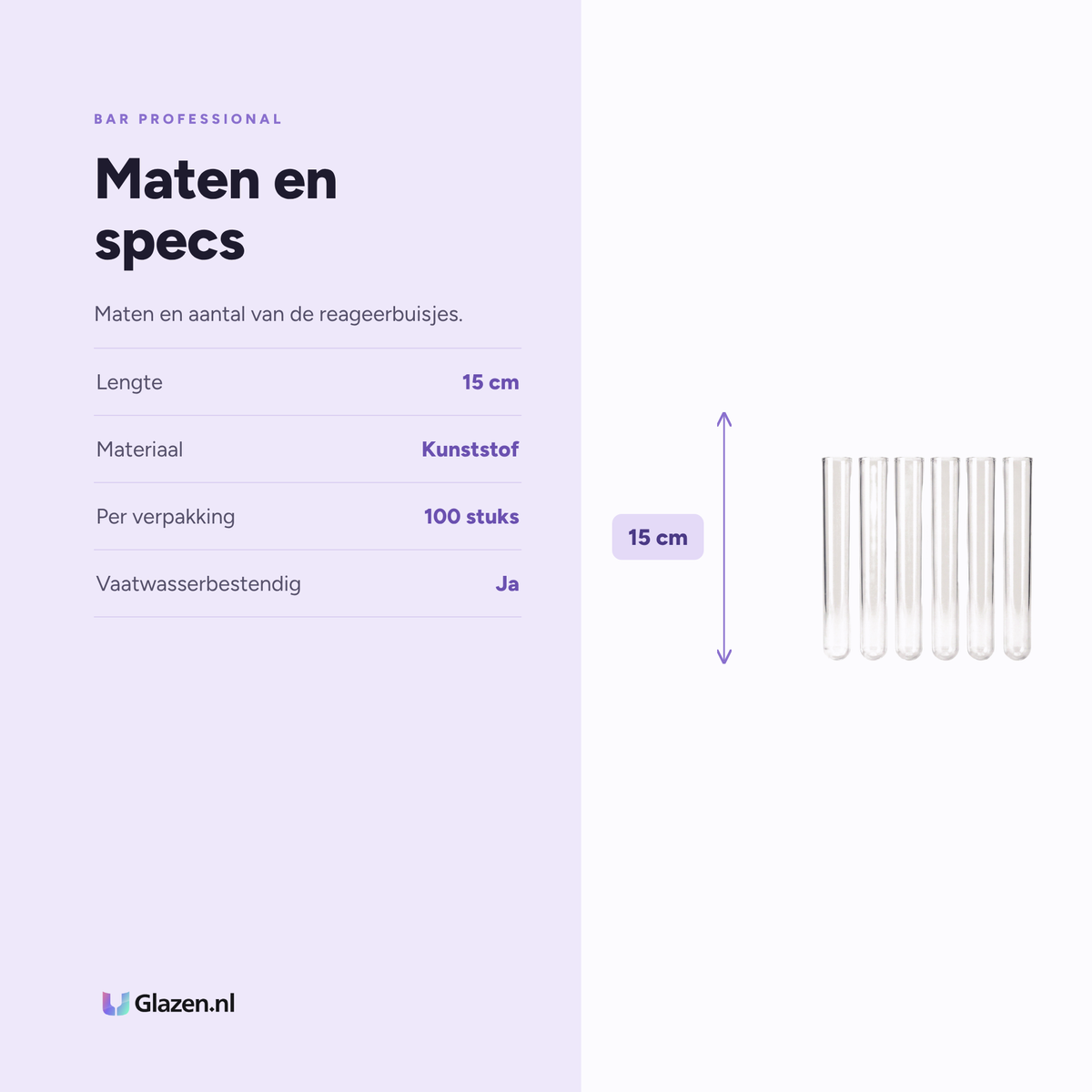 Maten en specificaties van Bar Professional Reageerbuisjes Shot Transparant 15 Cm