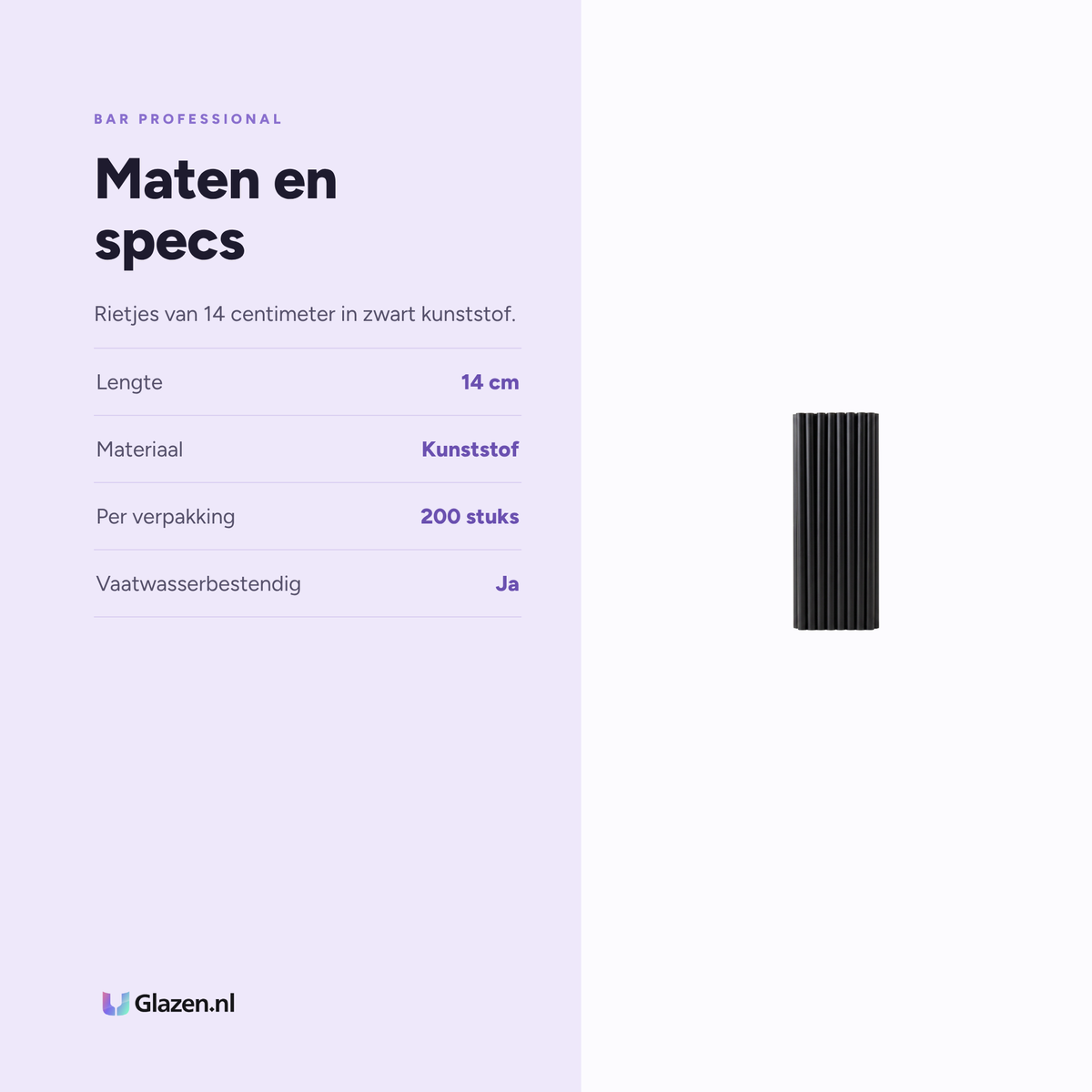 Maten en specs van de Bar Professional Rietje Herbruikbaar Zwart 14 cm