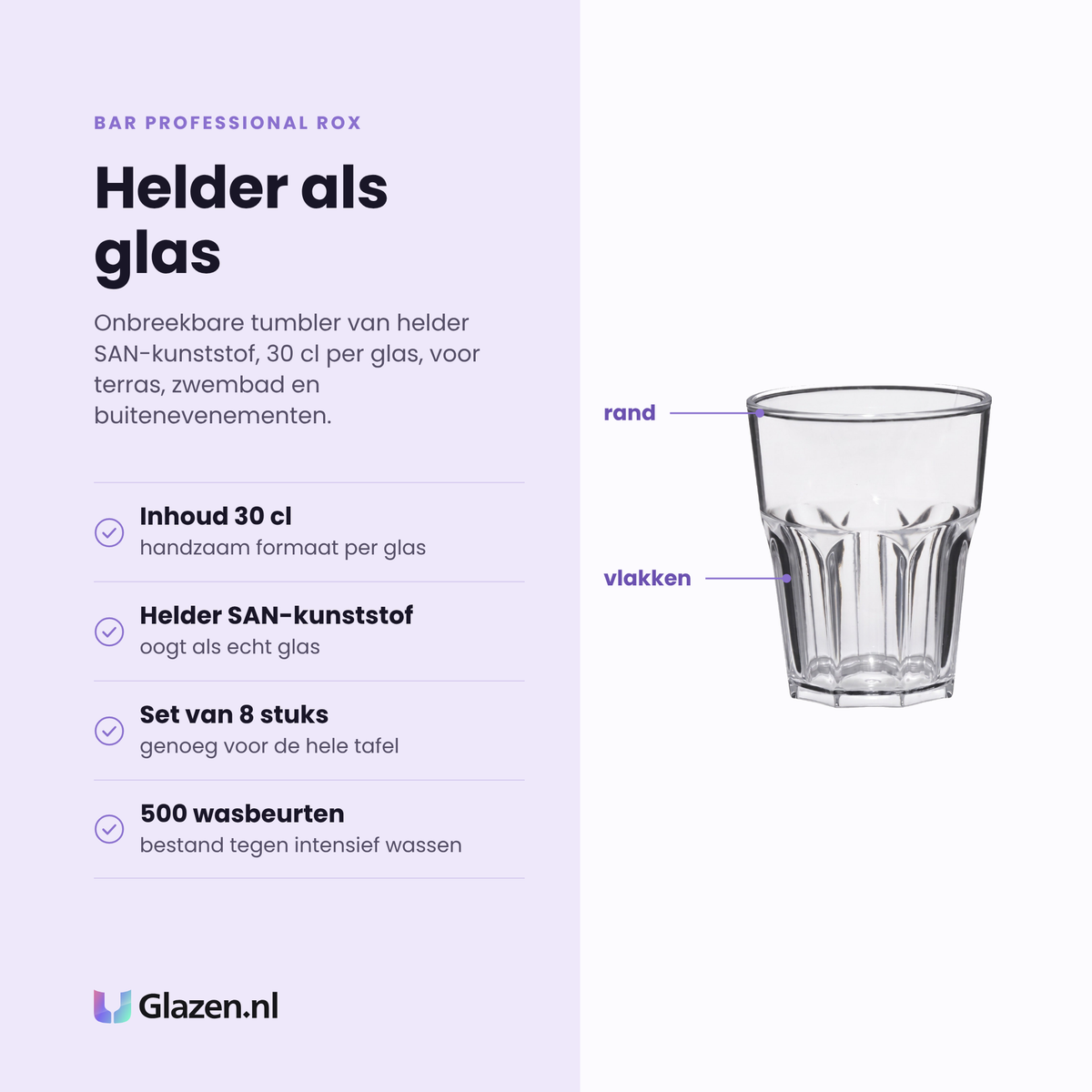 Bar Professional Rox tumbler 30 cl eigenschappen: helder SAN-kunststof, onbreekbaar, set van 8, bestand tegen 500 wasbeurten