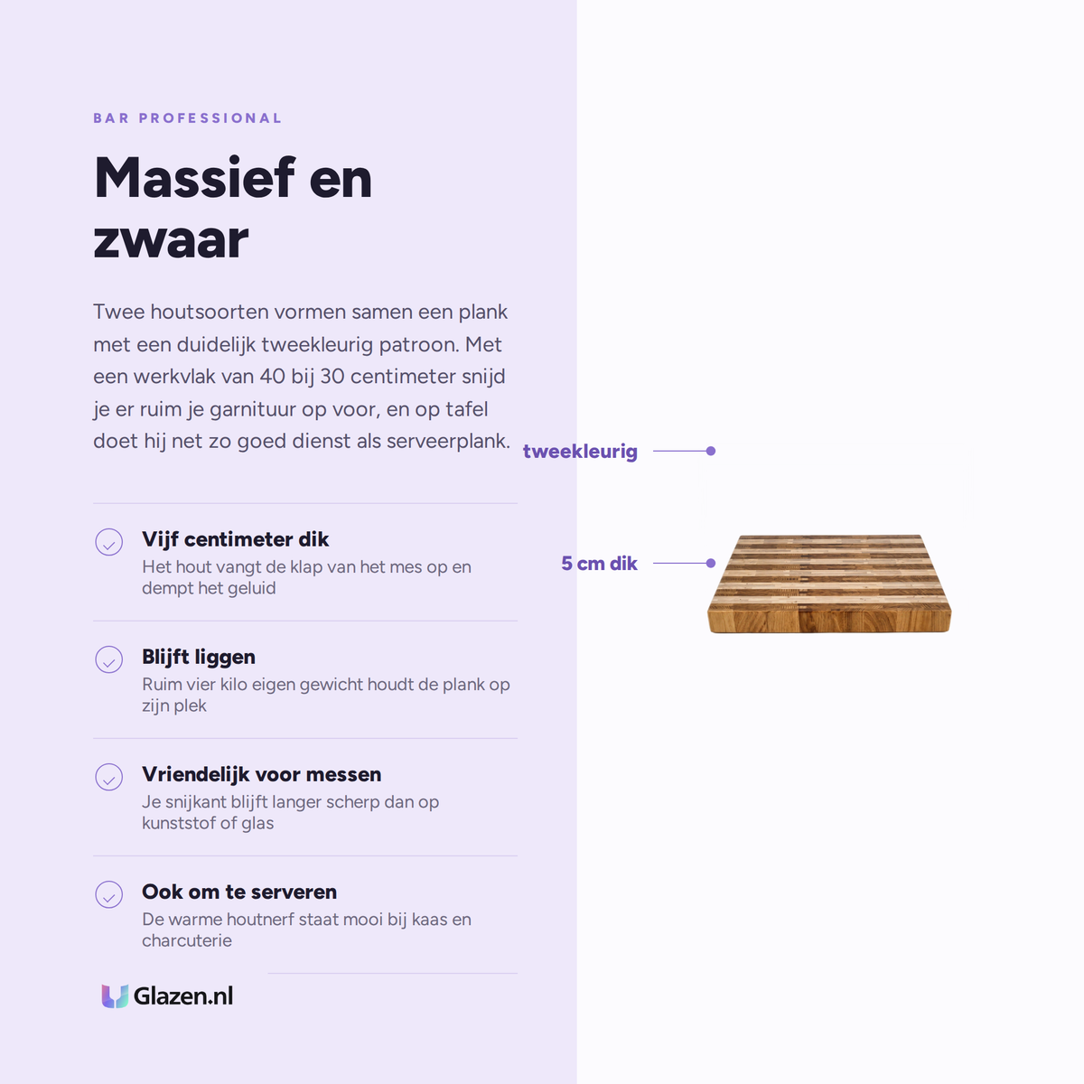 Eigenschappen van de Bar Professional houten snijplank tweekleurig 40 bij 30 cm
