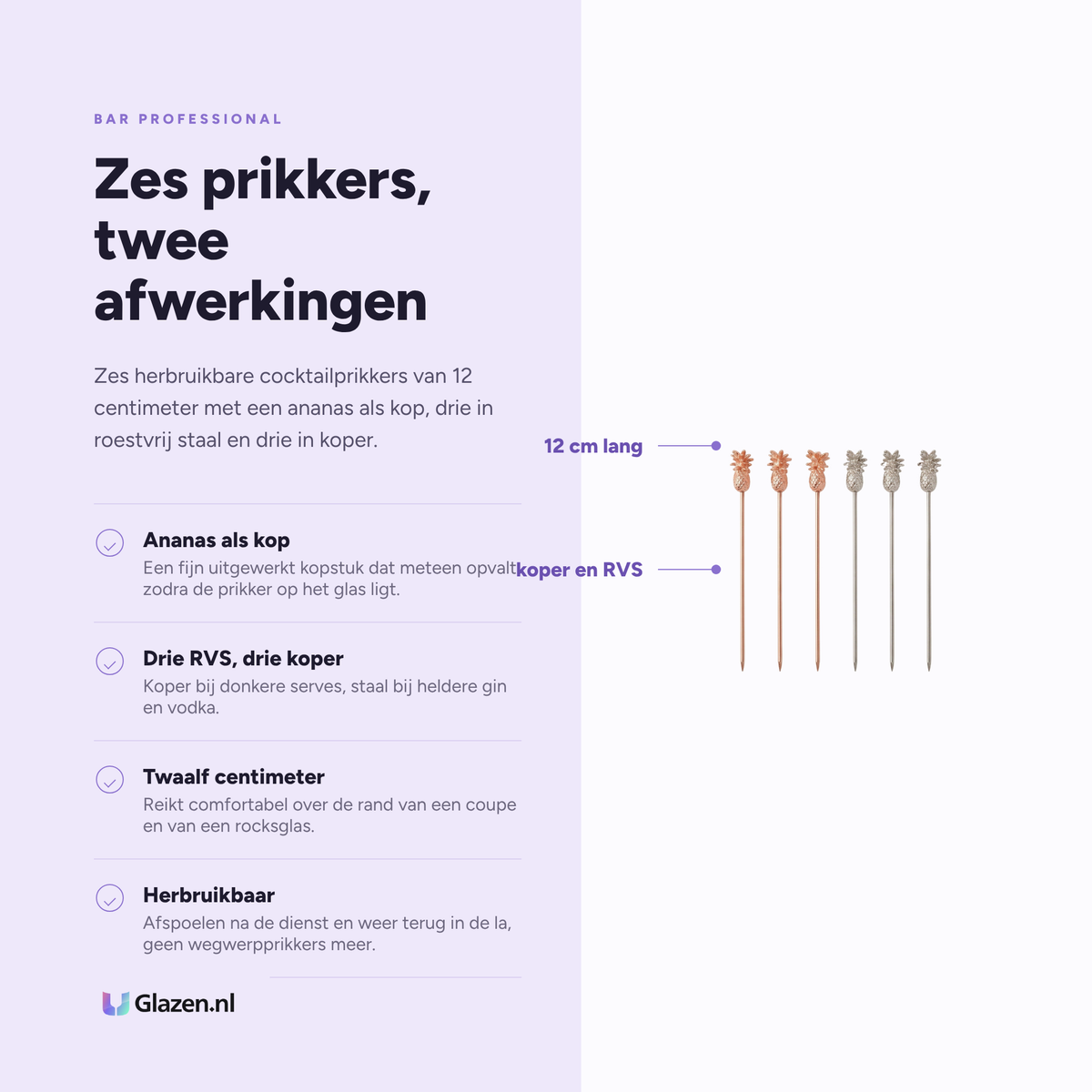 Infographic met de eigenschappen van Bar Professional Speakeasy Cocktailprikkers Ananas RVS en Koper 6-Delig