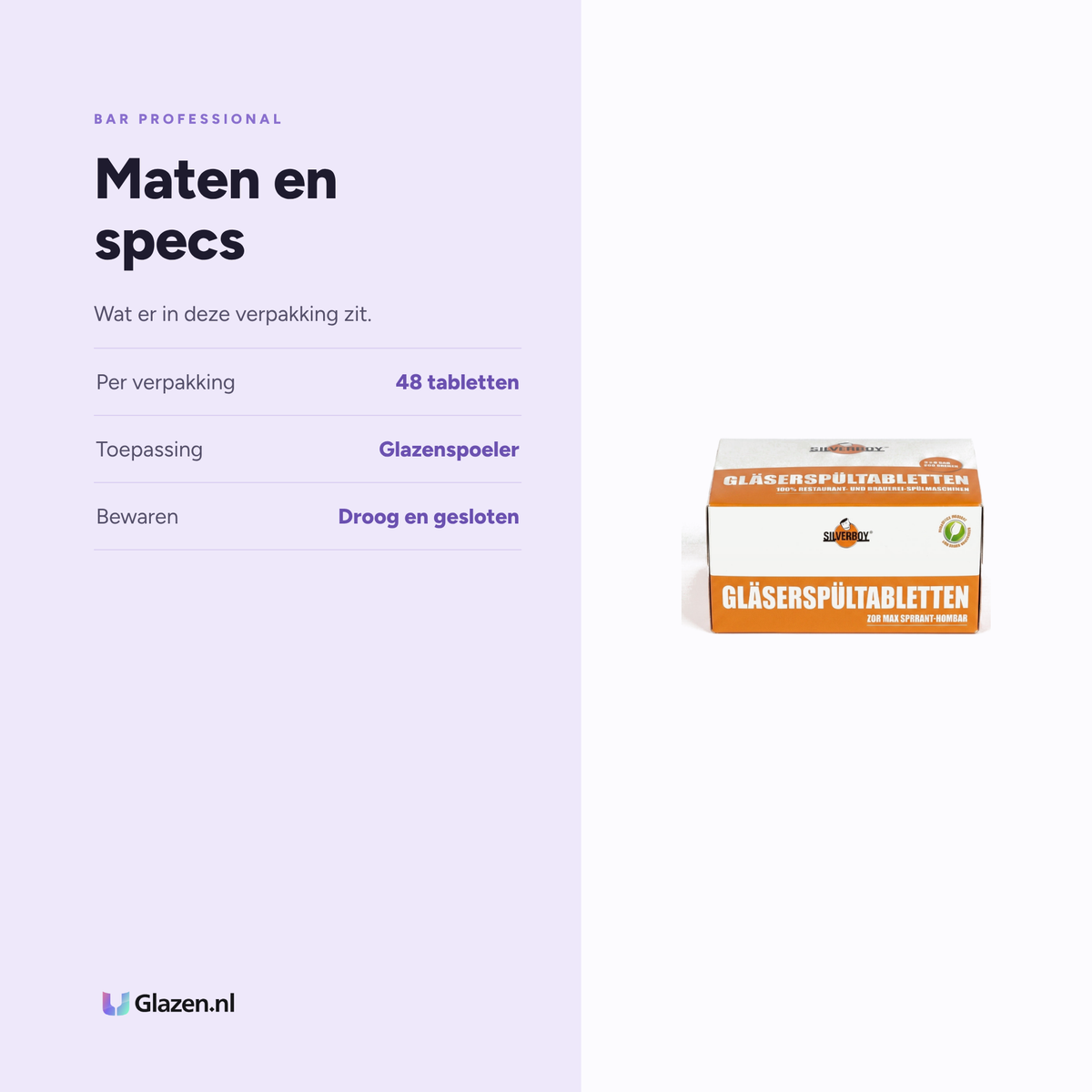 Bar Professional Spülboy Reinigingstabletten 48 Stuks specificaties: per verpakking 48 tabletten, toepassing Glazenspoeler, bewaren Droog en gesloten
