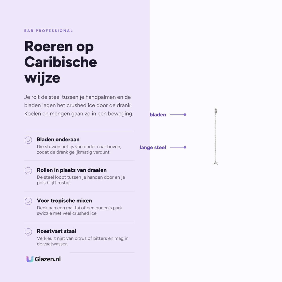 Eigenschappen van de Bar Professional Swizzlestick Barlepel RVS
