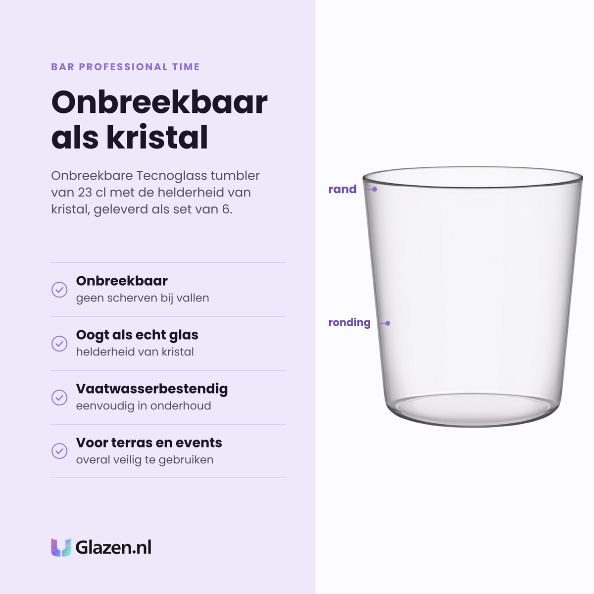Bar Professional Time tumbler 23 cl eigenschappen: onbreekbaar kunststof, oogt als echt glas, vaatwasserbestendig, set van 6