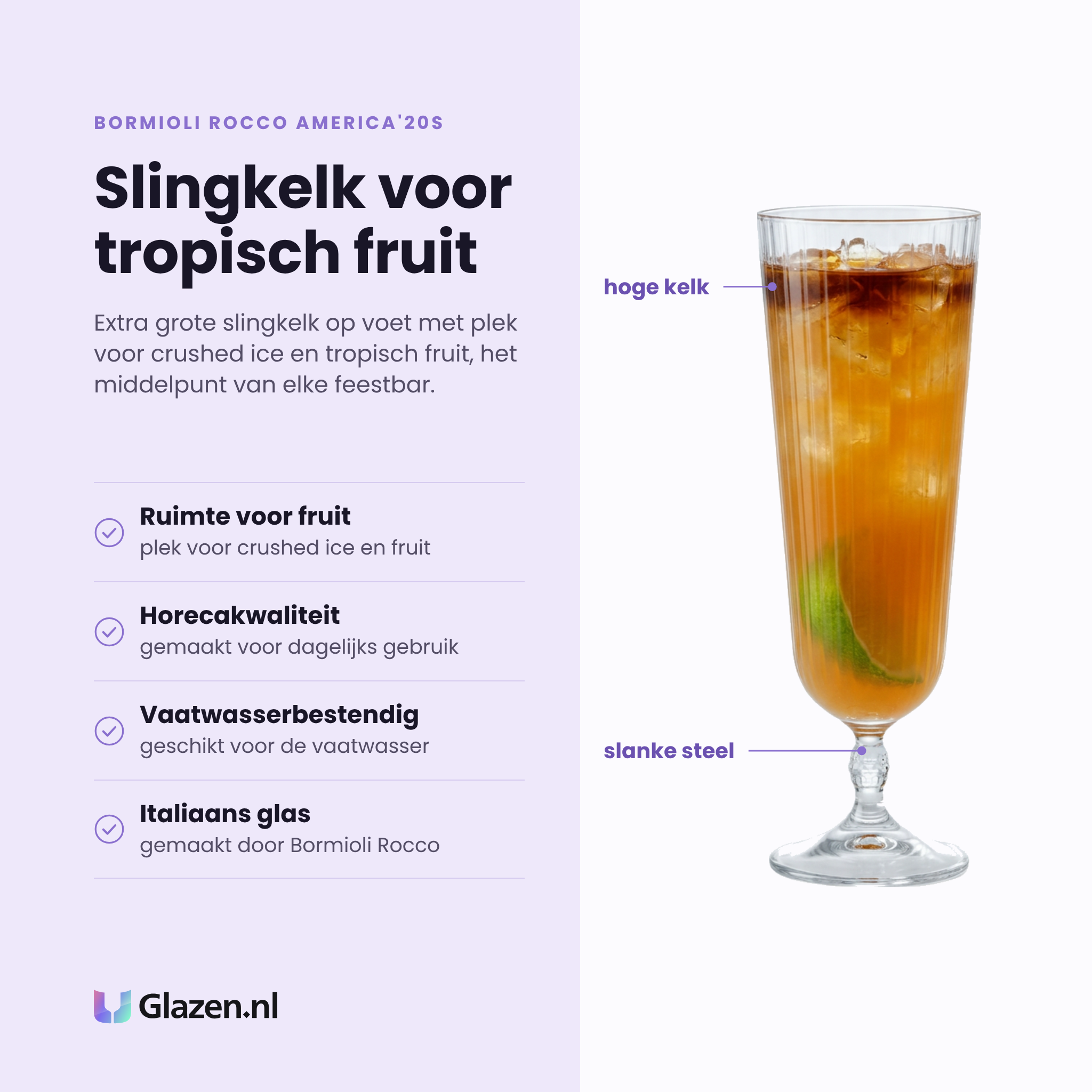 Bormioli Rocco America'20s cocktailglas 51 cl eigenschappen: ruimte voor tropisch fruit, horecakwaliteit, vaatwasserbestendig, italiaans glas