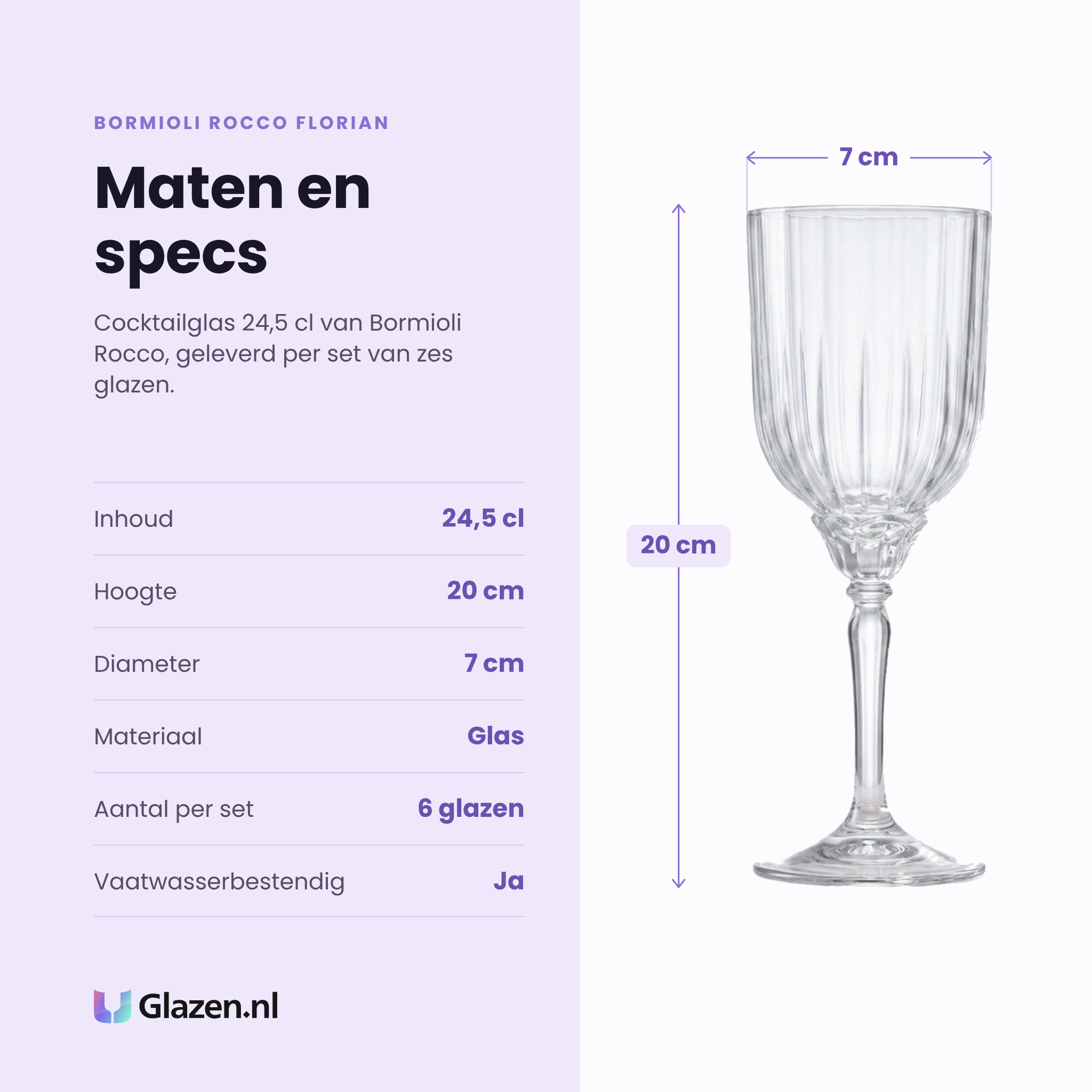 Bormioli Rocco Florian cocktailglas 24,5 cl specificaties: inhoud 24,5 cl, hoogte 20 cm, diameter 7 cm, glas, set van 6