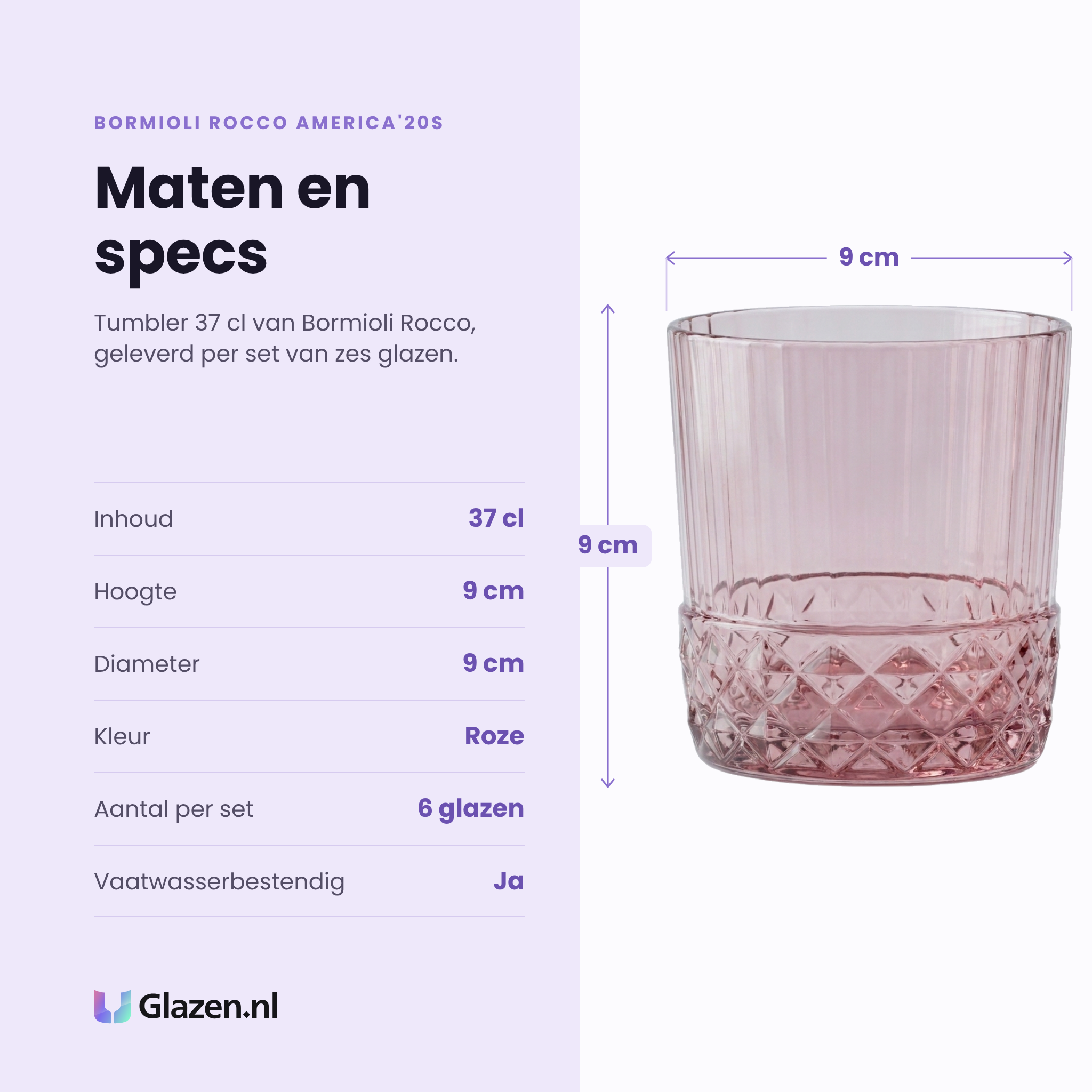 Bormioli Rocco America'20s tumbler 37 cl roze specificaties: inhoud 37 cl, hoogte 9 cm, diameter 9 cm, roze glas, set van 6
