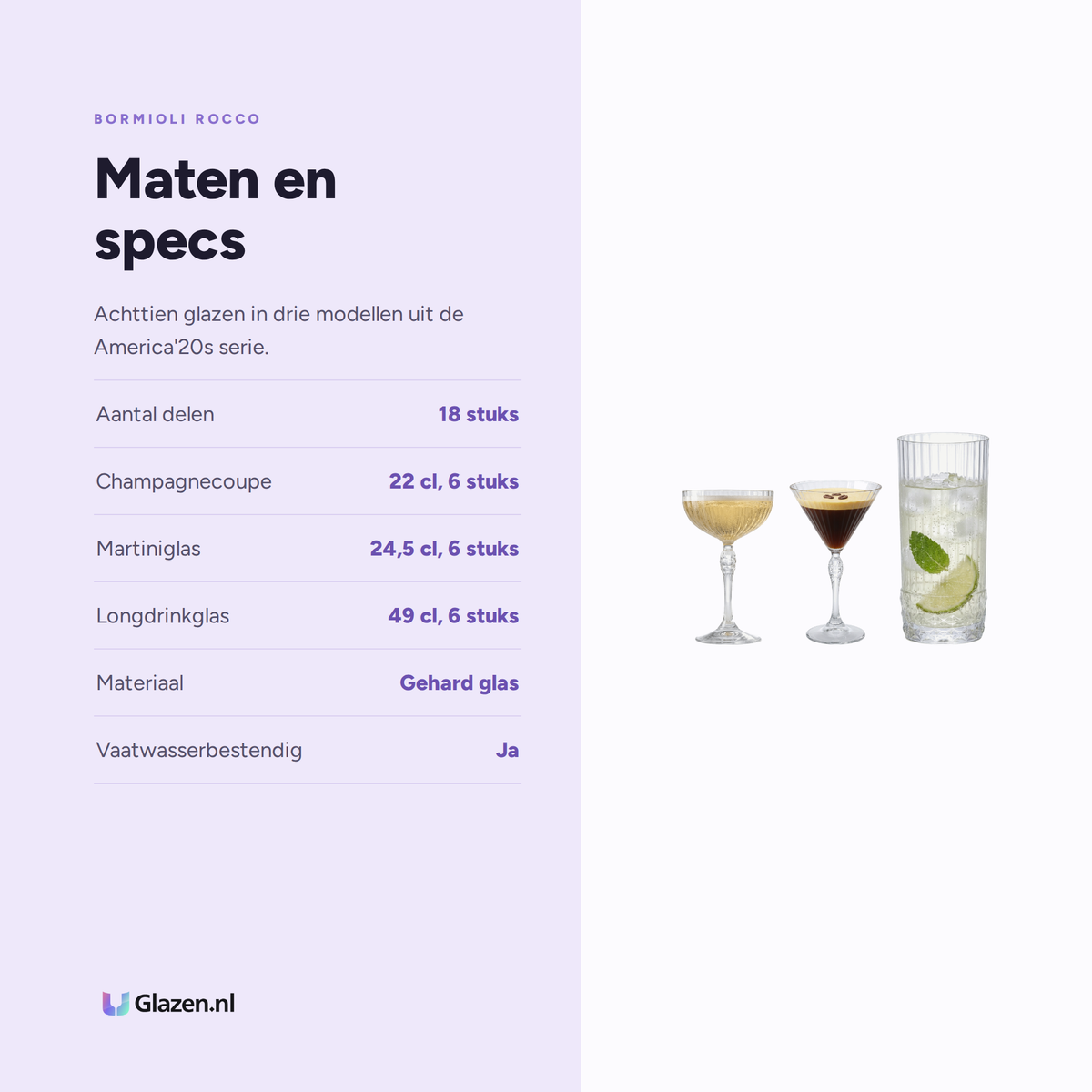 Maten en specificaties van de Bormioli Rocco America'20s Cocktailset 18-Delig (Coupe, Martini & Longdrink)