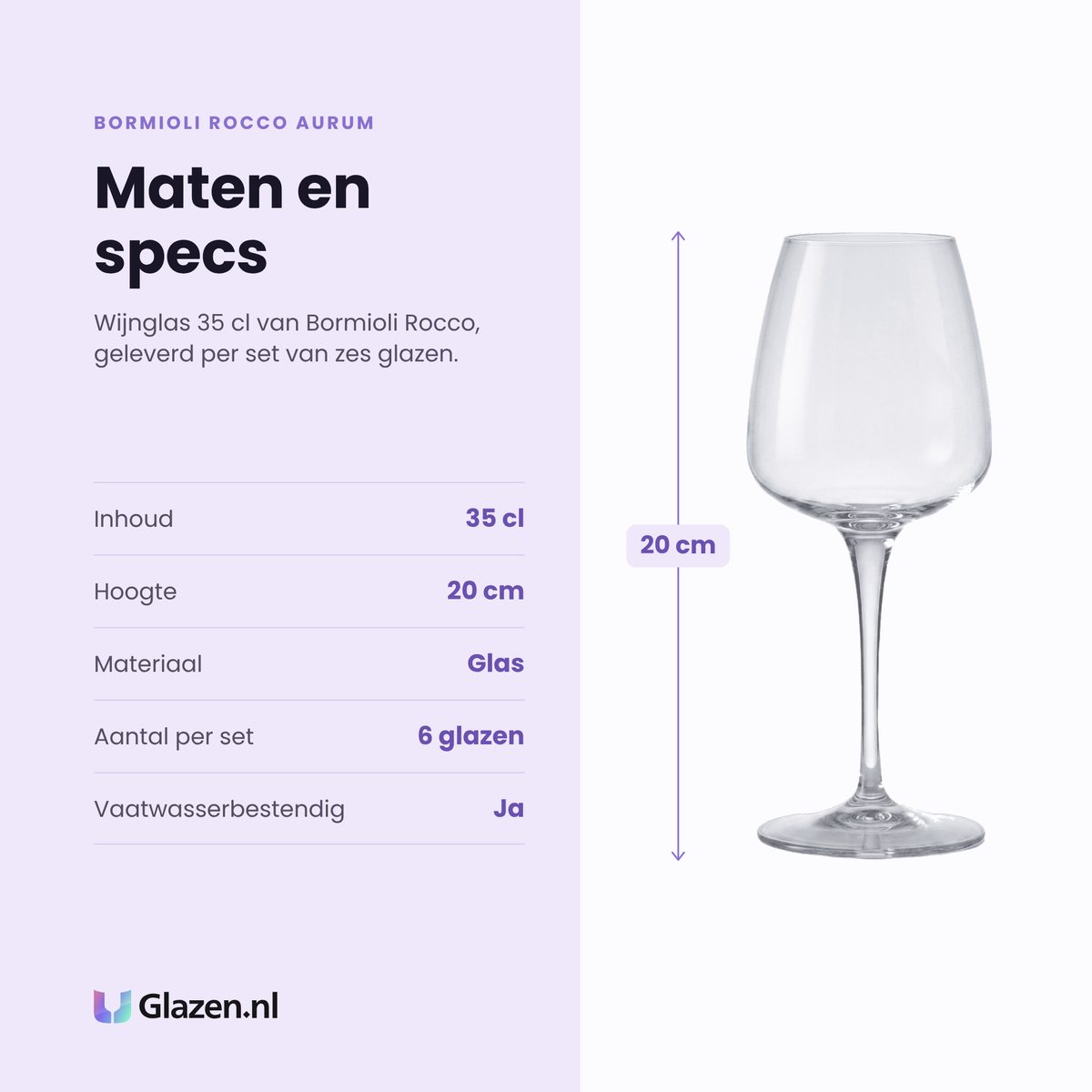 Bormioli Rocco Aurum wijnglas 35 cl specificaties: inhoud 35 cl, hoogte 20 cm, glas, set van 6