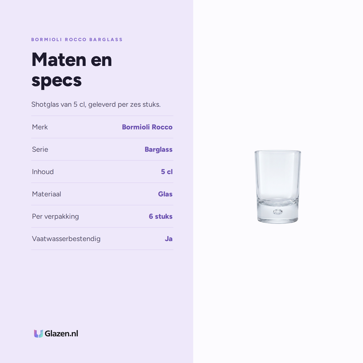 Bormioli Rocco Barglass Shotglas 5 Cl - 6 Stuks, maten en specs
