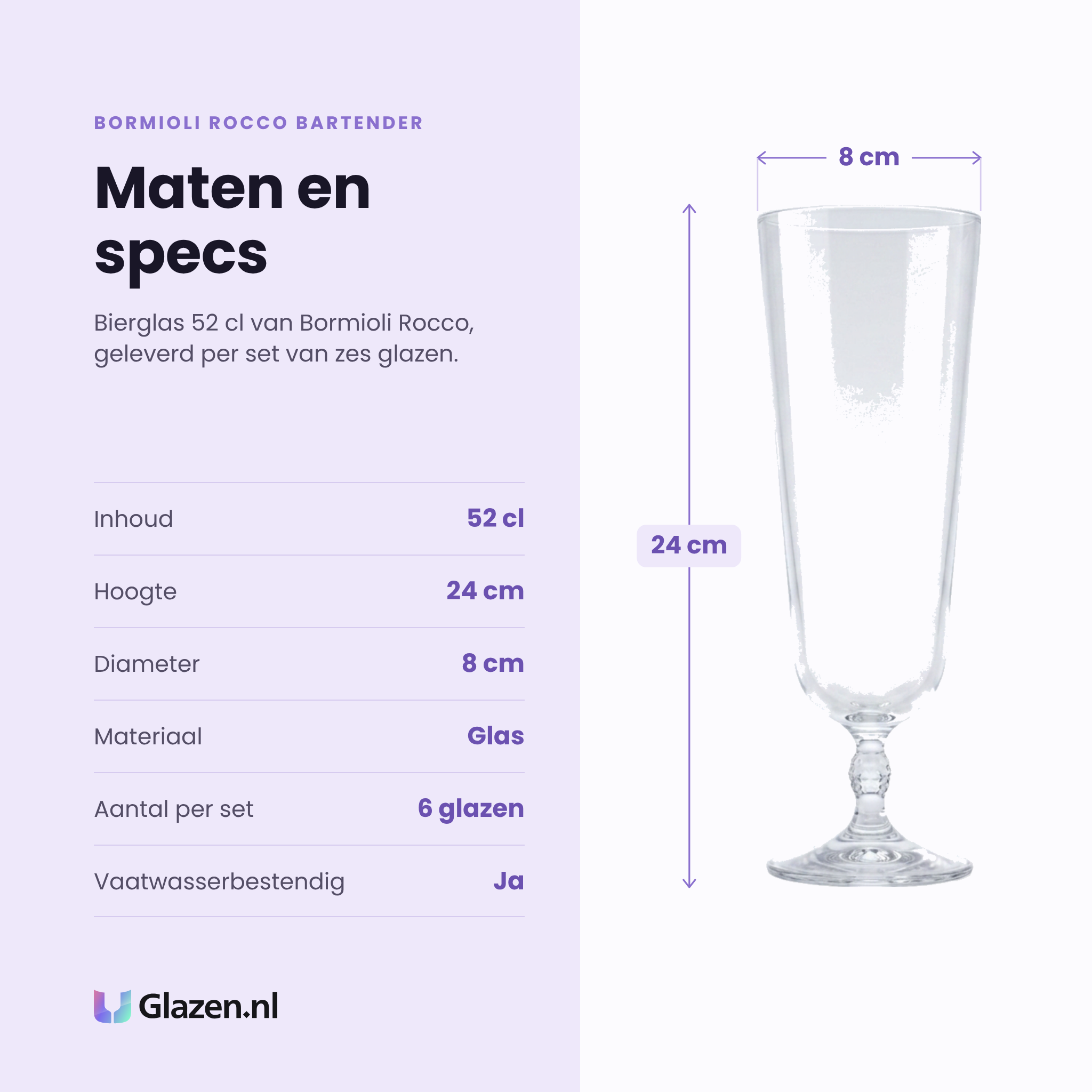 Bormioli Rocco Bartender bierglas 52 cl specificaties: inhoud 52 cl, hoogte 24 cm, diameter 8 cm, glas, set van 6