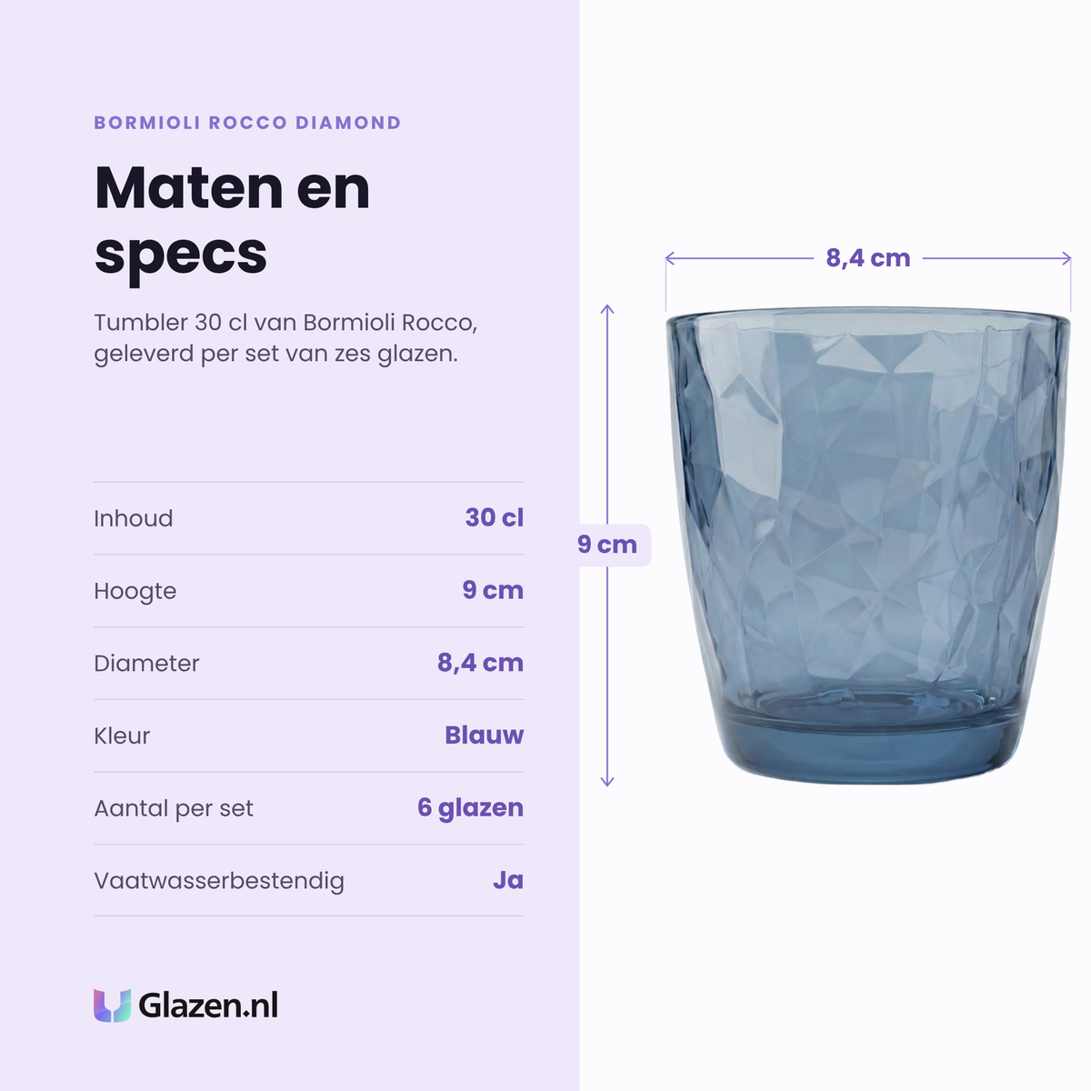 Bormioli Rocco Diamond tumbler 30 cl blauw specificaties: inhoud 30 cl, hoogte 9 cm, diameter 8,4 cm, blauw glas, set van 6