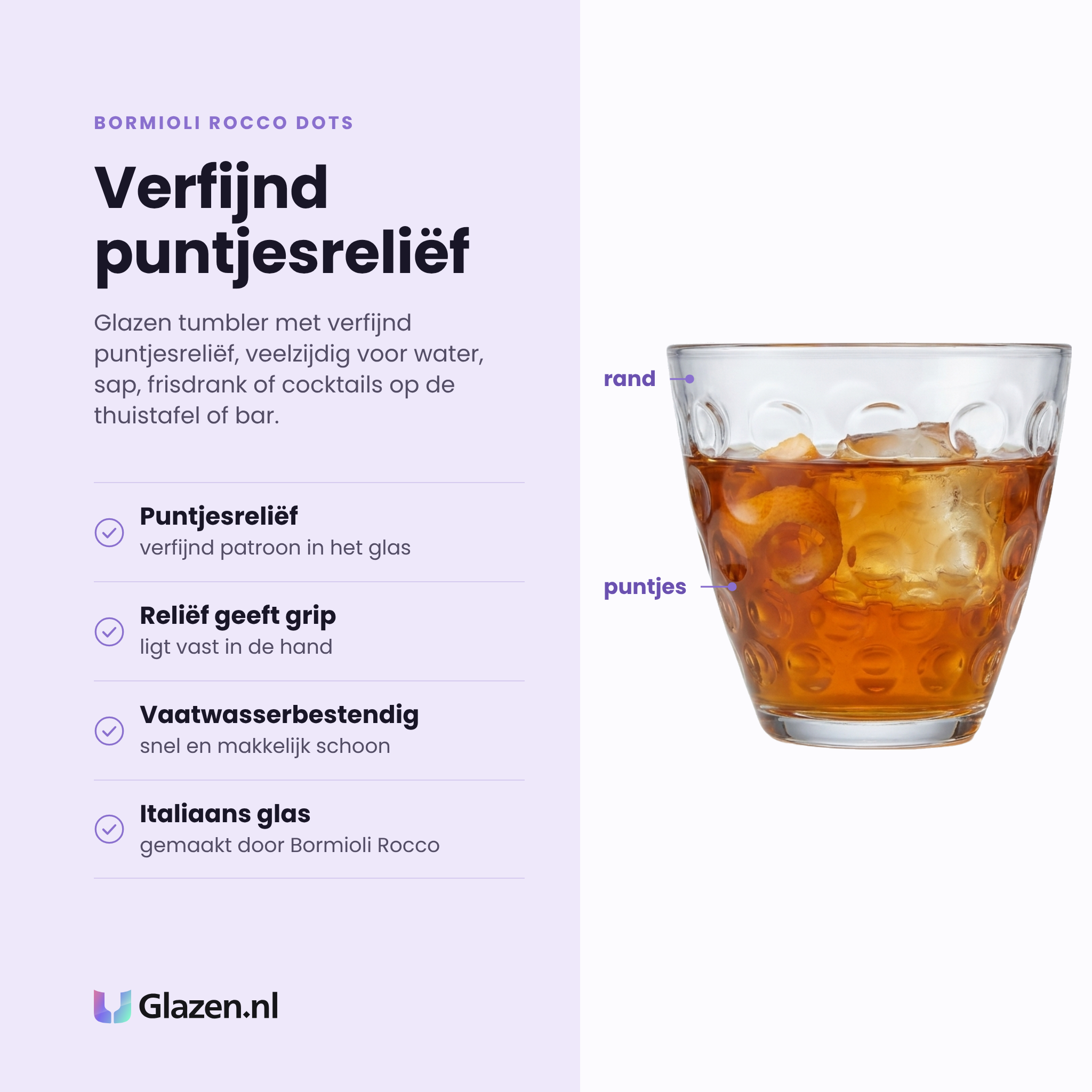Bormioli Rocco Dots tumbler 25 cl eigenschappen: verfijnd puntjesreliëf, reliëf geeft grip, vaatwasserbestendig, italiaans glas