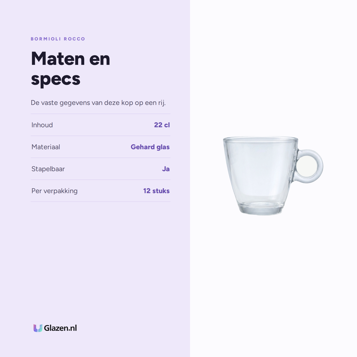 Maten en specificaties van de Bormioli Rocco Easy Bar Cappuccinokop 22 Cl