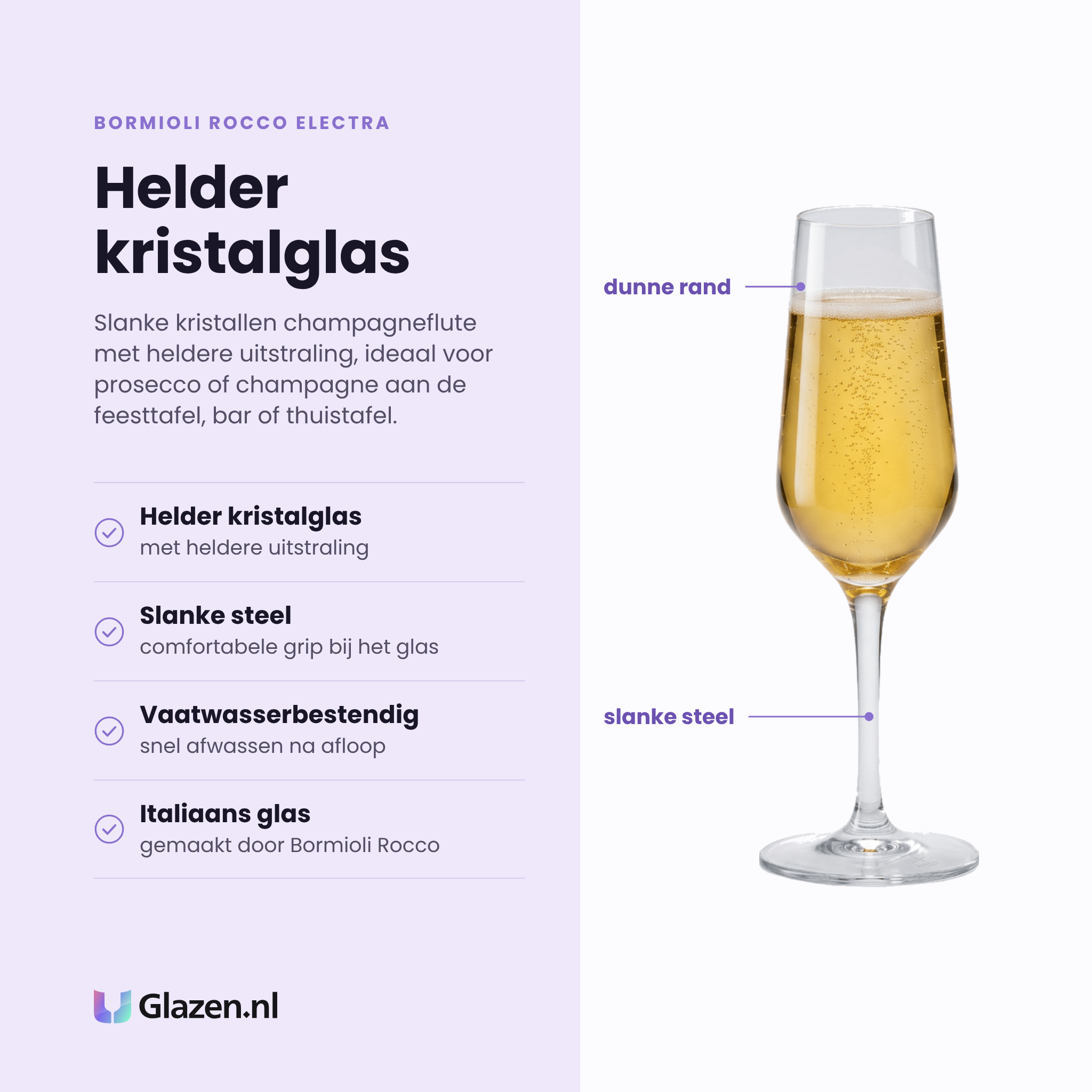 Bormioli Rocco Electra champagneflute 23 cl eigenschappen: helder kristalglas, slanke steel, vaatwasserbestendig, italiaans glas