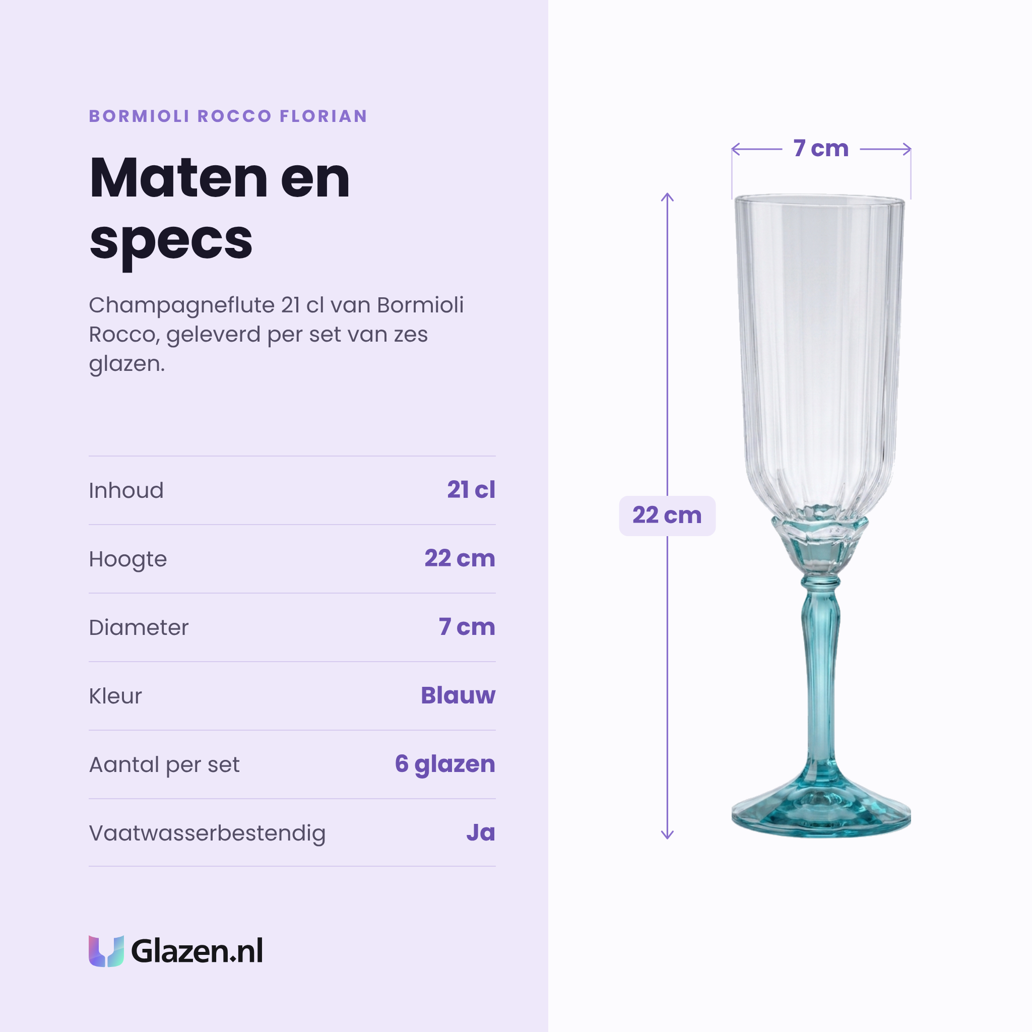 Bormioli Rocco Florian champagneflute 21 cl blauw specificaties: inhoud 21 cl, hoogte 22 cm, diameter 7 cm, kleur blauw, set van 6