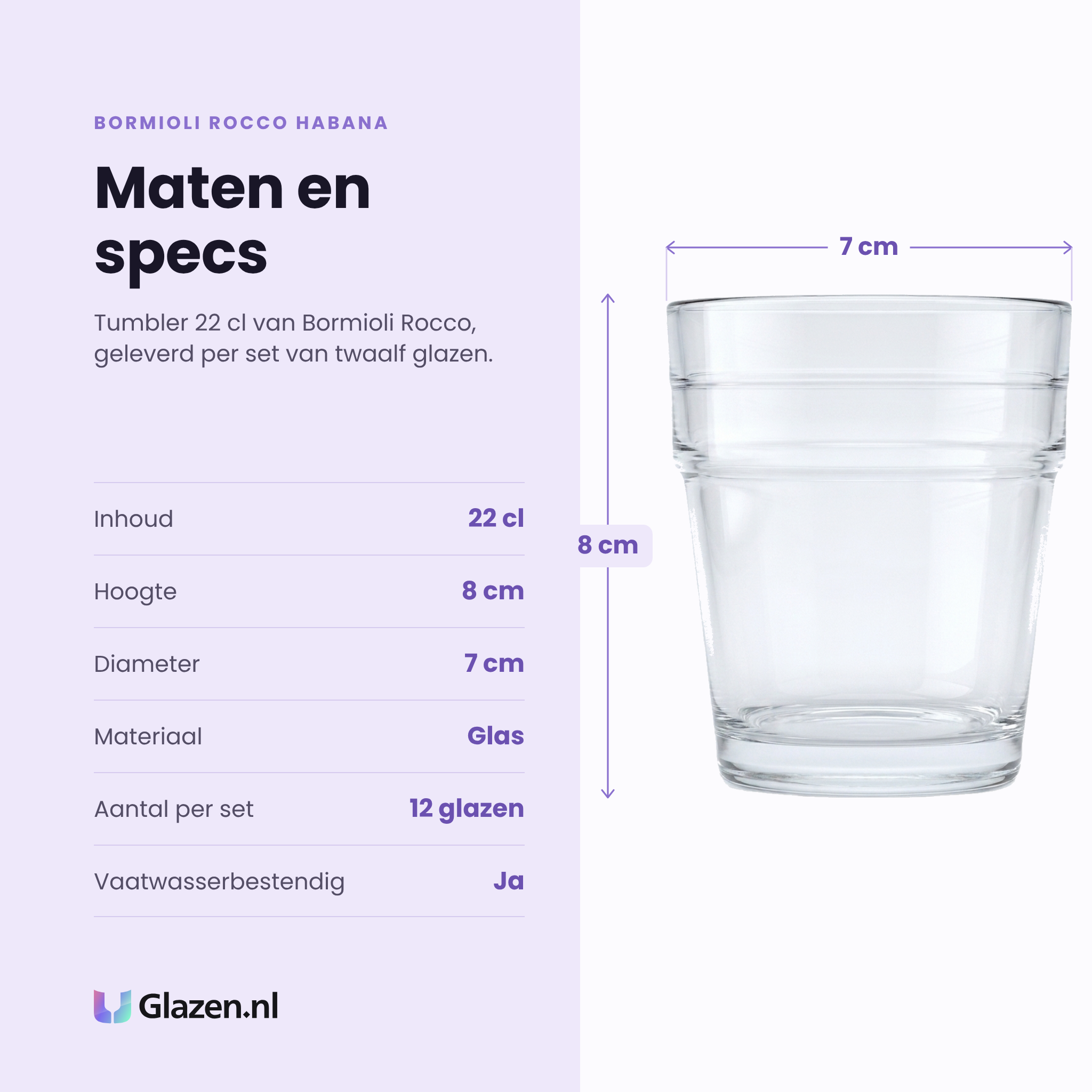 Bormioli Rocco Habana tumbler 22 cl specificaties: inhoud 22 cl, hoogte 8 cm, diameter 7 cm, glas, set van 12